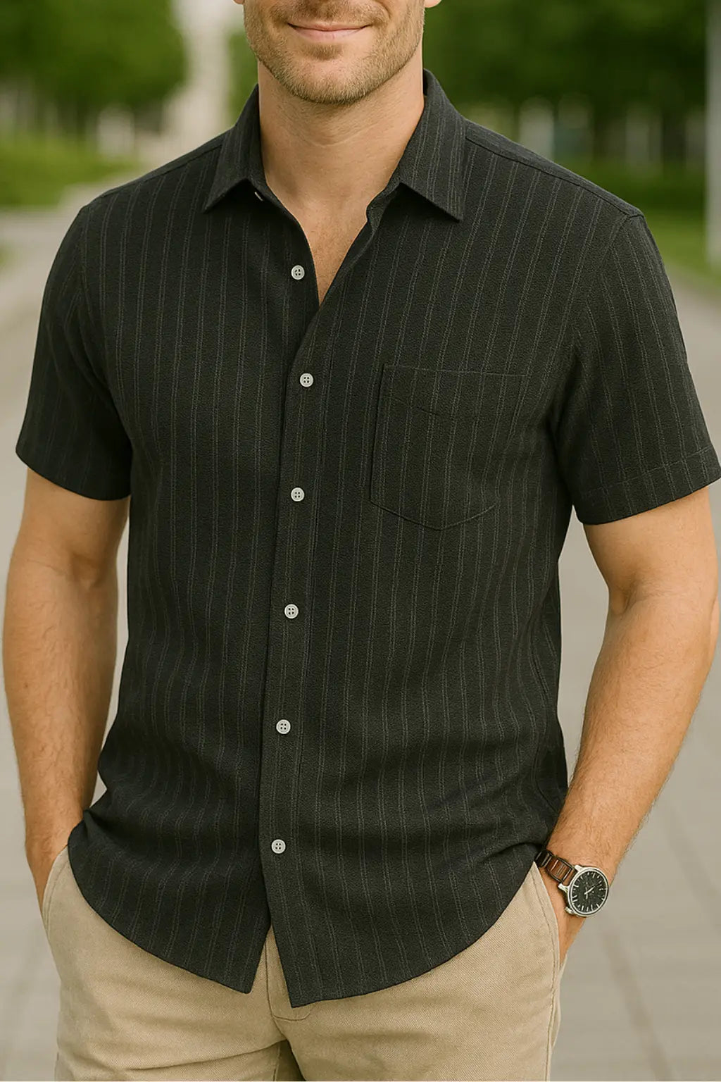 Heren Linnen Shirt, Zomerse Gestreepte Jacquard Met Korte Mouwen, Casual Effen Kleur, Comfortabele Pasvorm | VIQA VIQA© NEDERLANDZwart-2XL