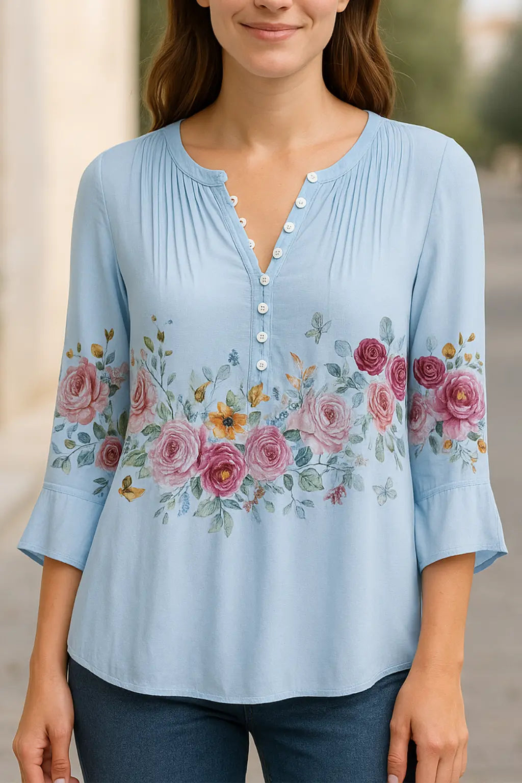 Dames Bloemen V-Hals Blouse, Korte Mouw Knoopdetail Zomer T-Shirt | VIQA VIQA© NEDERLANDBlauw / 2XL