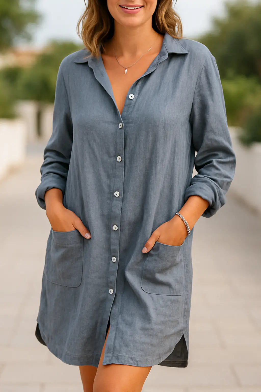 Dames Katoen Linnen Lange Overhemd Jurk, Multi-knoop Vest Top | VIQA VIQA© NEDERLANDGrijs / 2XL