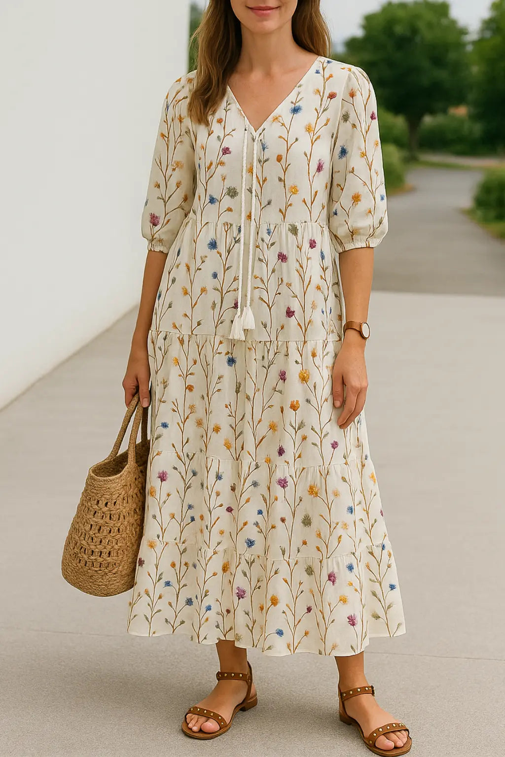 Dames Maxi Zomer V-Hals Bedrukte Jurk, Casual Losse Lange Mouwen Koord Stijl | VIQA VIQA© NEDERLANDGebroken-Wit / 2XL