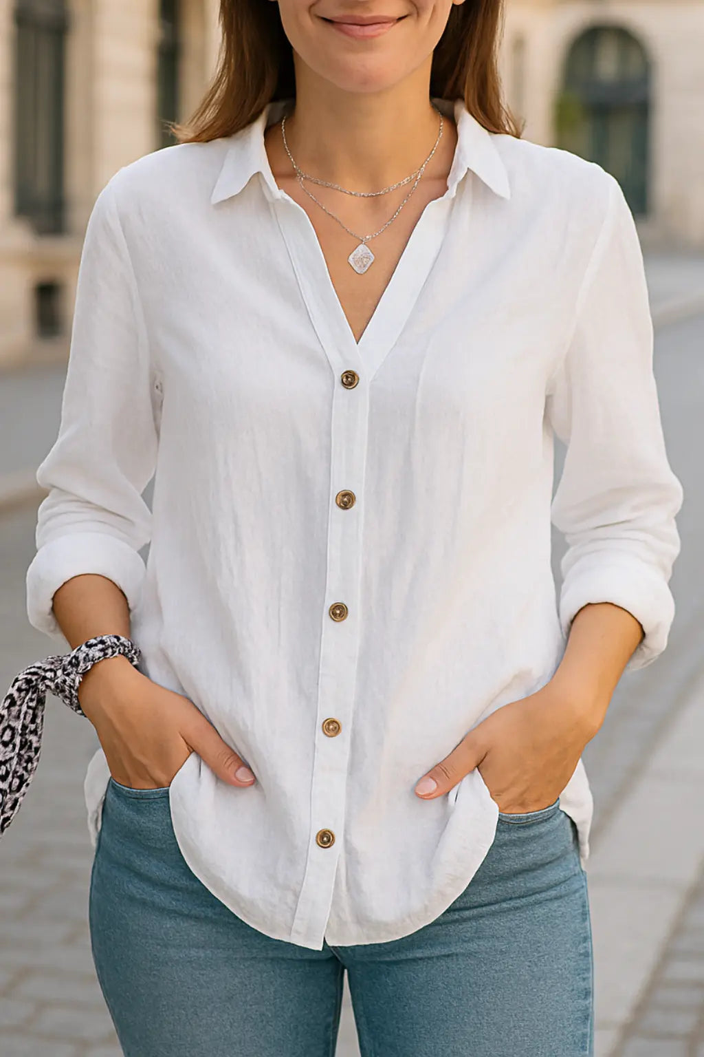 Dames Knoop Down Blouse, Lange Mouw Geplooid Shirt Met Zakken, Zomer Casual Top | VIQA VIQA© NEDERLANDWit / 2XL