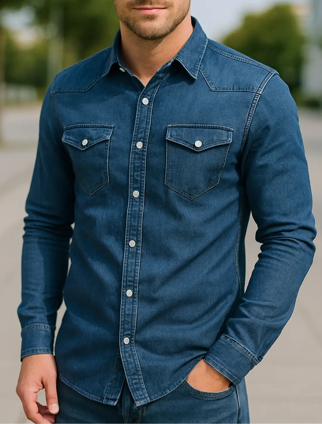 Heren Denim Shirt, Vintage Slim Fit Lange Mouwen Knoop Omhoog, Casual Kapel Top | VIQA VIQA© NEDERLANDDonkerblauw-2XL