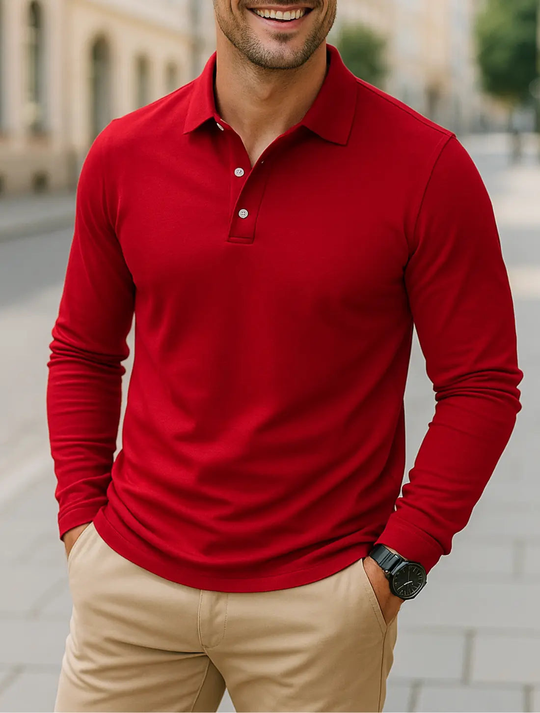 Effen Poloshirt Voor Heren, Aakelijke Casual Top Met Lange Mouwen, Reis- En Outdoor Vrijetijdskleding | VIQA VIQA© NEDERLANDRood / 2XL