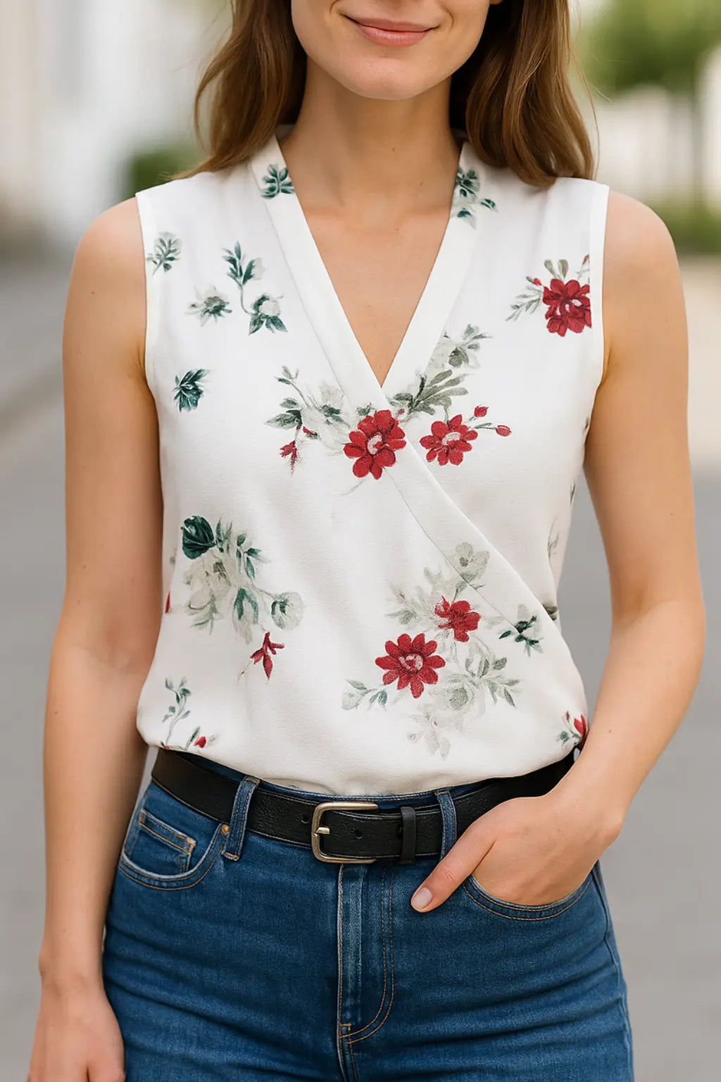 Dames Mouwloze V-Hals Blouse, Slim Pasvorm Knop Up Top, Zuivere Kleur Shirt | VIQA VIQA© NEDERLANDWit-Rood / 2XL