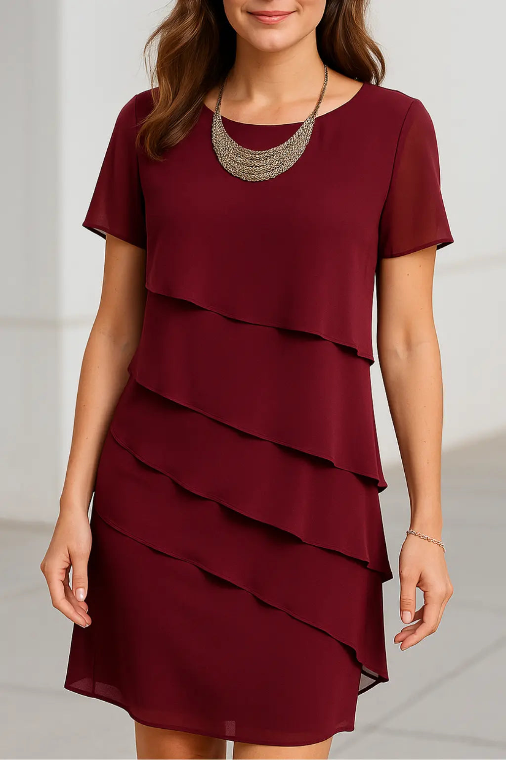 Dames Chiffon Midi Jurk, Elegant O-Hals Gelaagde Korte Mouwen Zomer Feestjurk | VIQA VIQA© NEDERLANDRood / 2XL