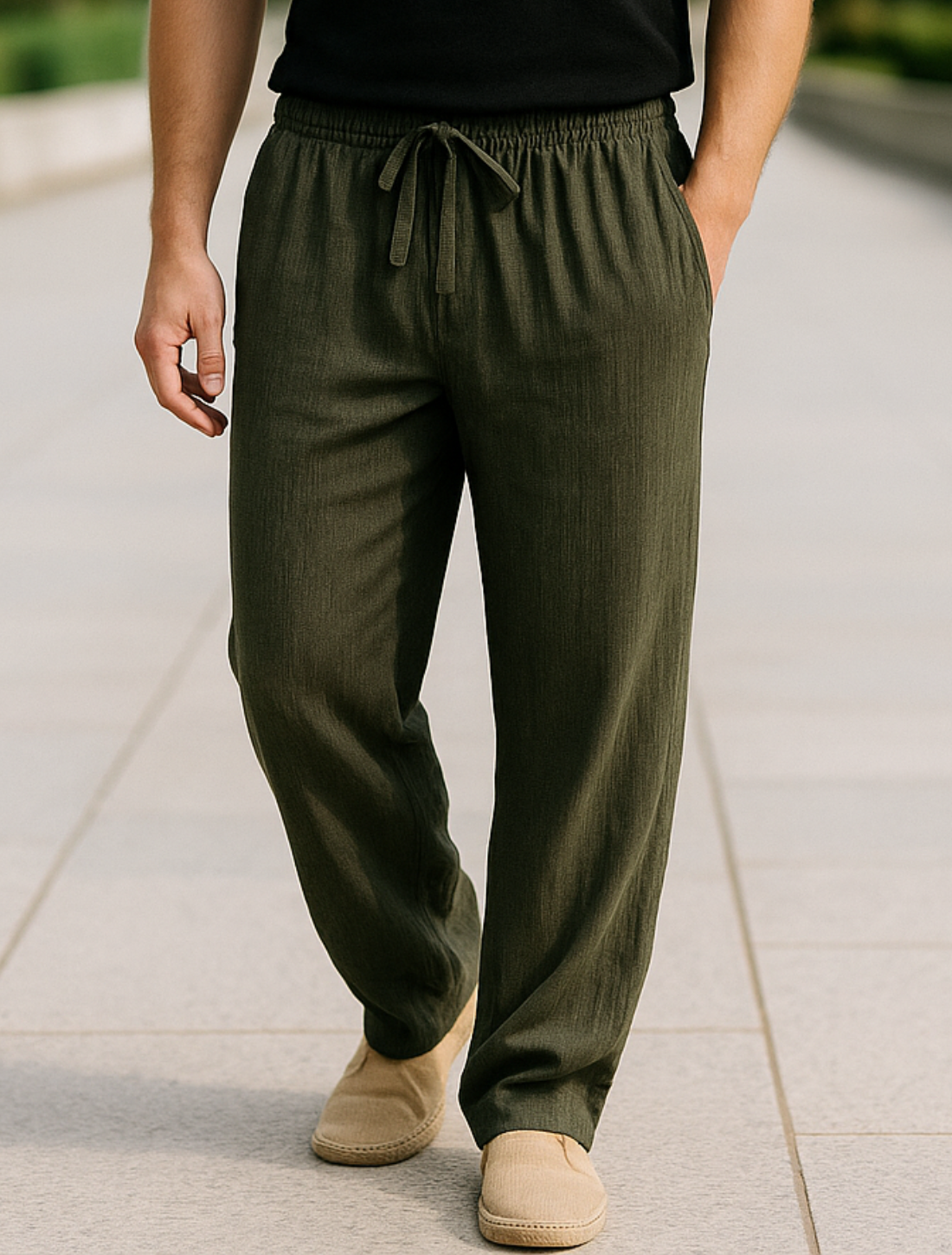 Herenbroek Van Katoen En Linnen, Effen Minimalistische Casual Broek Met Trekkoord En Rechte Pijpen | VIQA VIQA© NEDERLAND