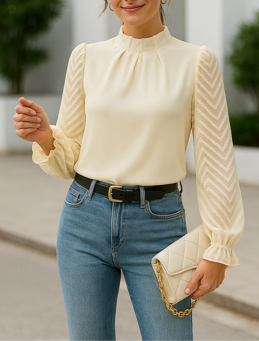 Dames Chiffon Blouse, Elegante Patchwork Golfpatroon Pullover Met Lange Mouwen Voor Op Kantoor | VIQA VIQA© NEDERLAND