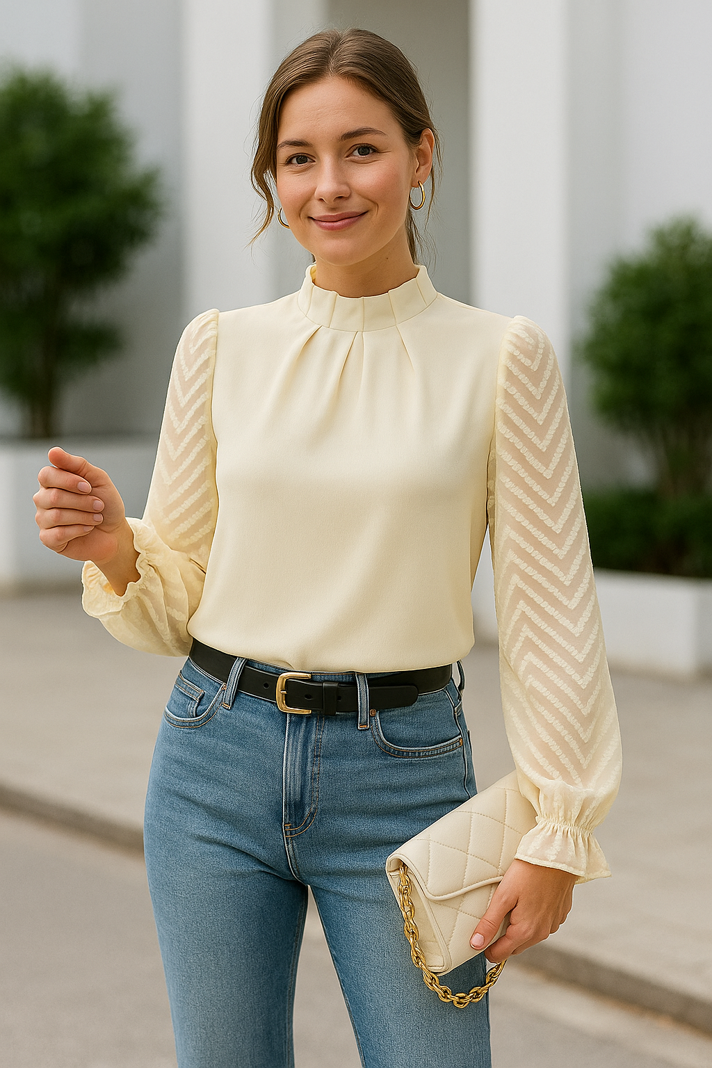 Dames Chiffon Blouse, Elegante Patchwork Golfpatroon Pullover Met Lange Mouwen Voor Op Kantoor | VIQA VIQA© NEDERLAND