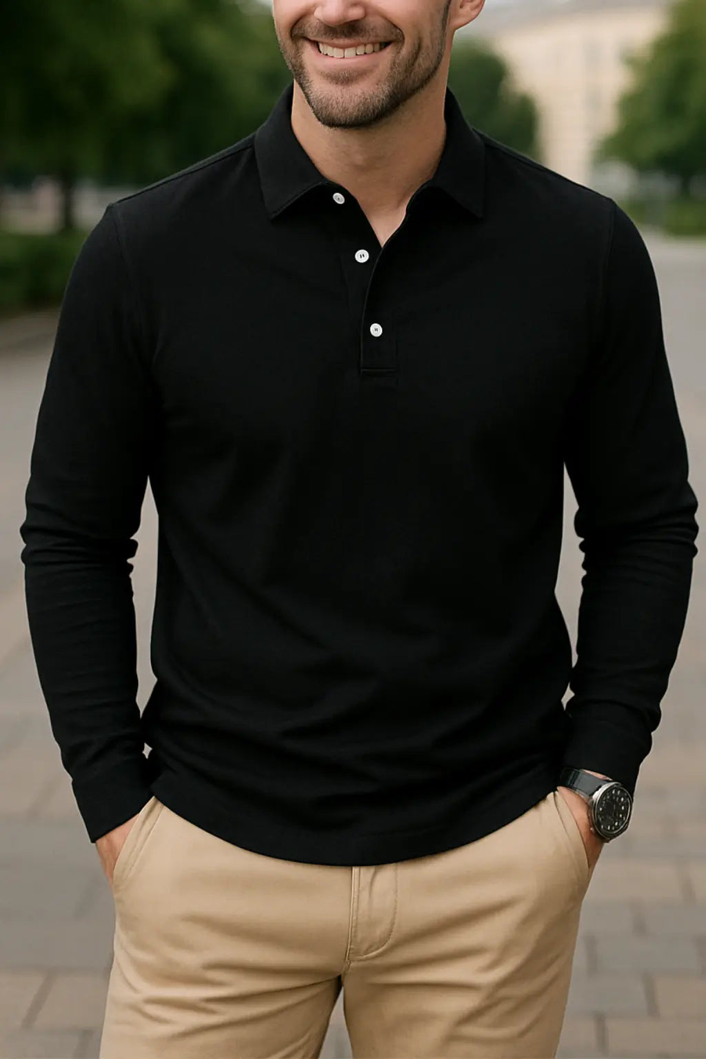 Heren Langmouwen Shirt, Wijde Pasvorm, Kralendetails, Lichtgewicht Top Voor Dagelijks Gebruik | VIQA VIQA© NEDERLANDZwart / 2XL