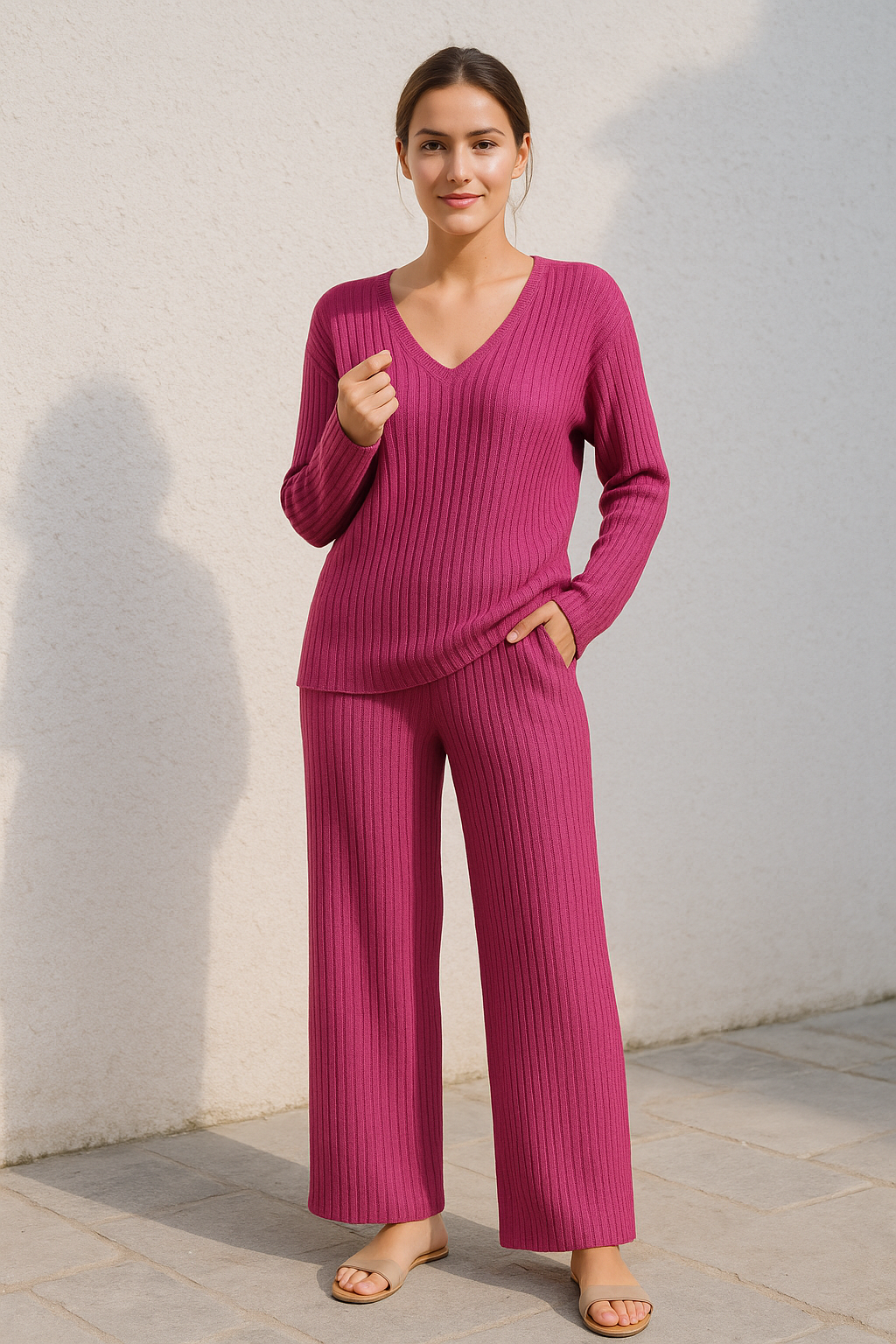 Dames Tweedelige Set, V-hals Geribde Loungewear Met Broek, Herfst Casual Effen Outfit | VIQA VIQA© NEDERLAND
