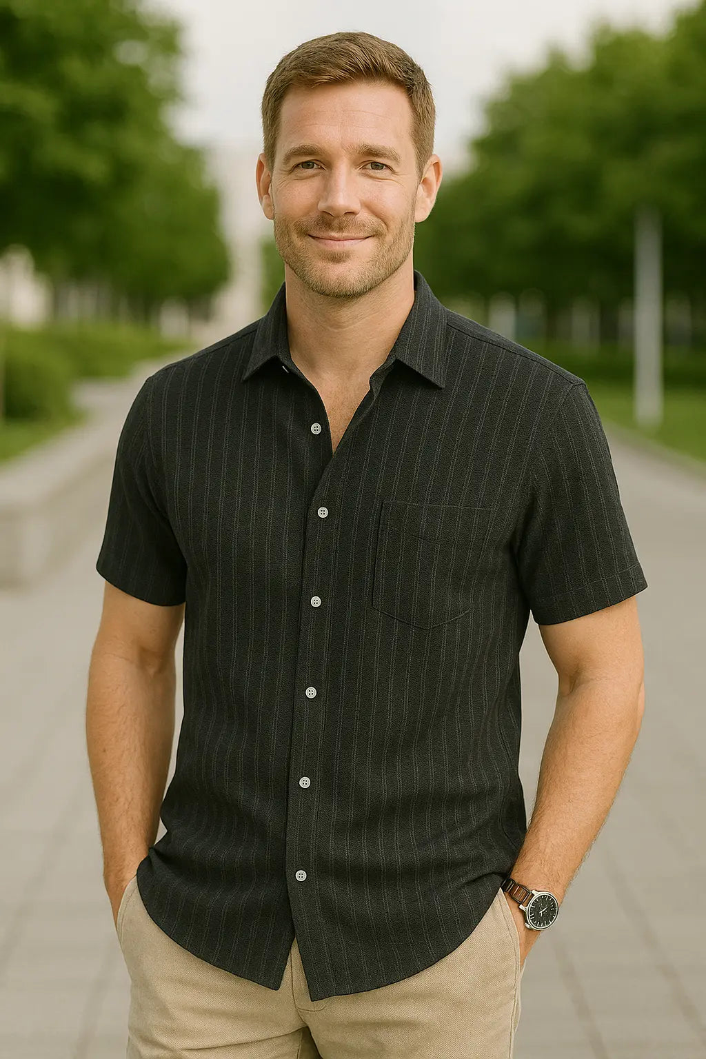 Heren Linnen Shirt, Zomerse Gestreepte Jacquard Met Korte Mouwen, Casual Effen Kleur, Comfortabele Pasvorm | VIQA VIQA© NEDERLAND