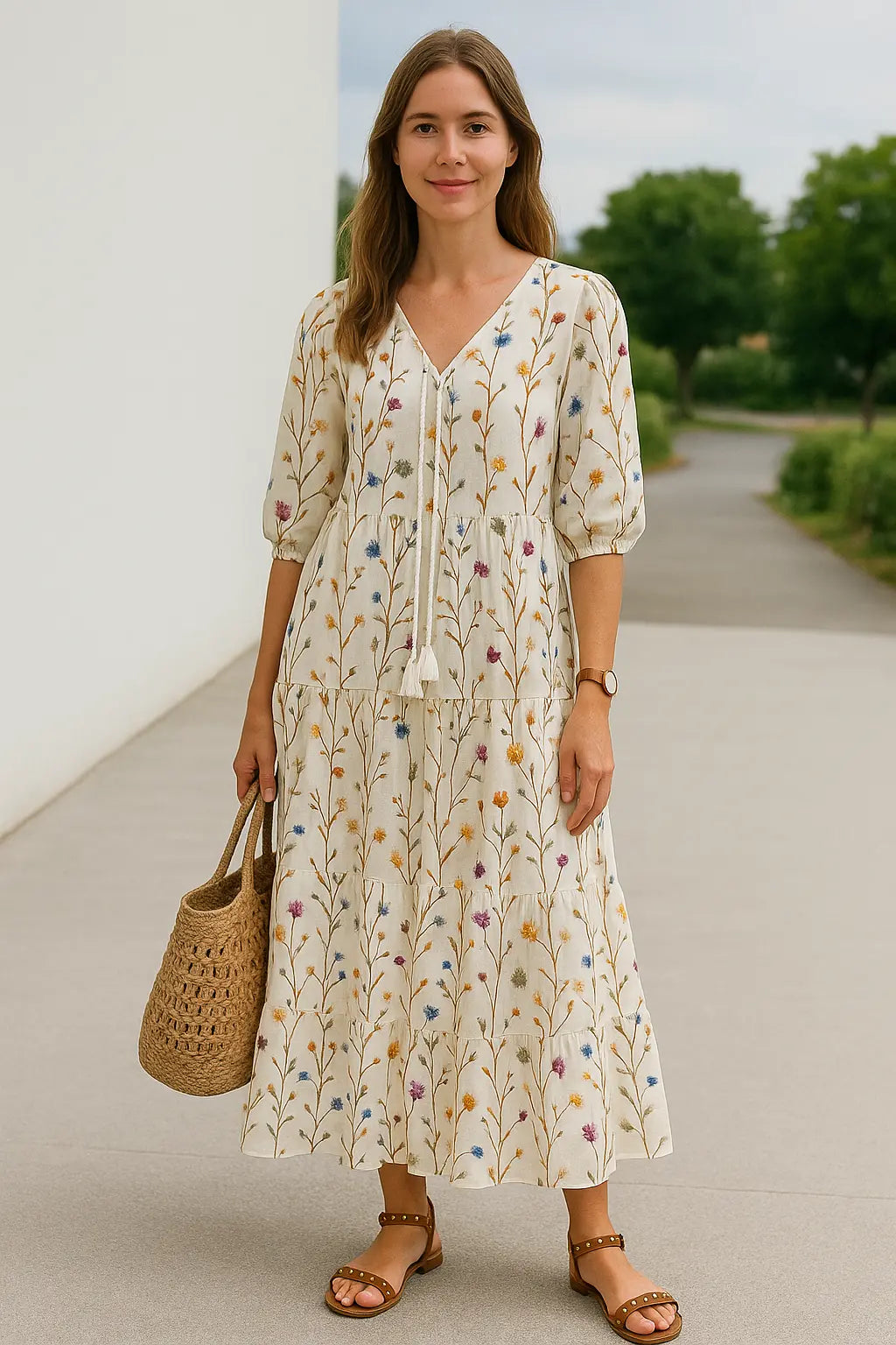 Dames Maxi Zomer V-Hals Bedrukte Jurk, Casual Losse Lange Mouwen Koord Stijl | VIQA VIQA© NEDERLAND