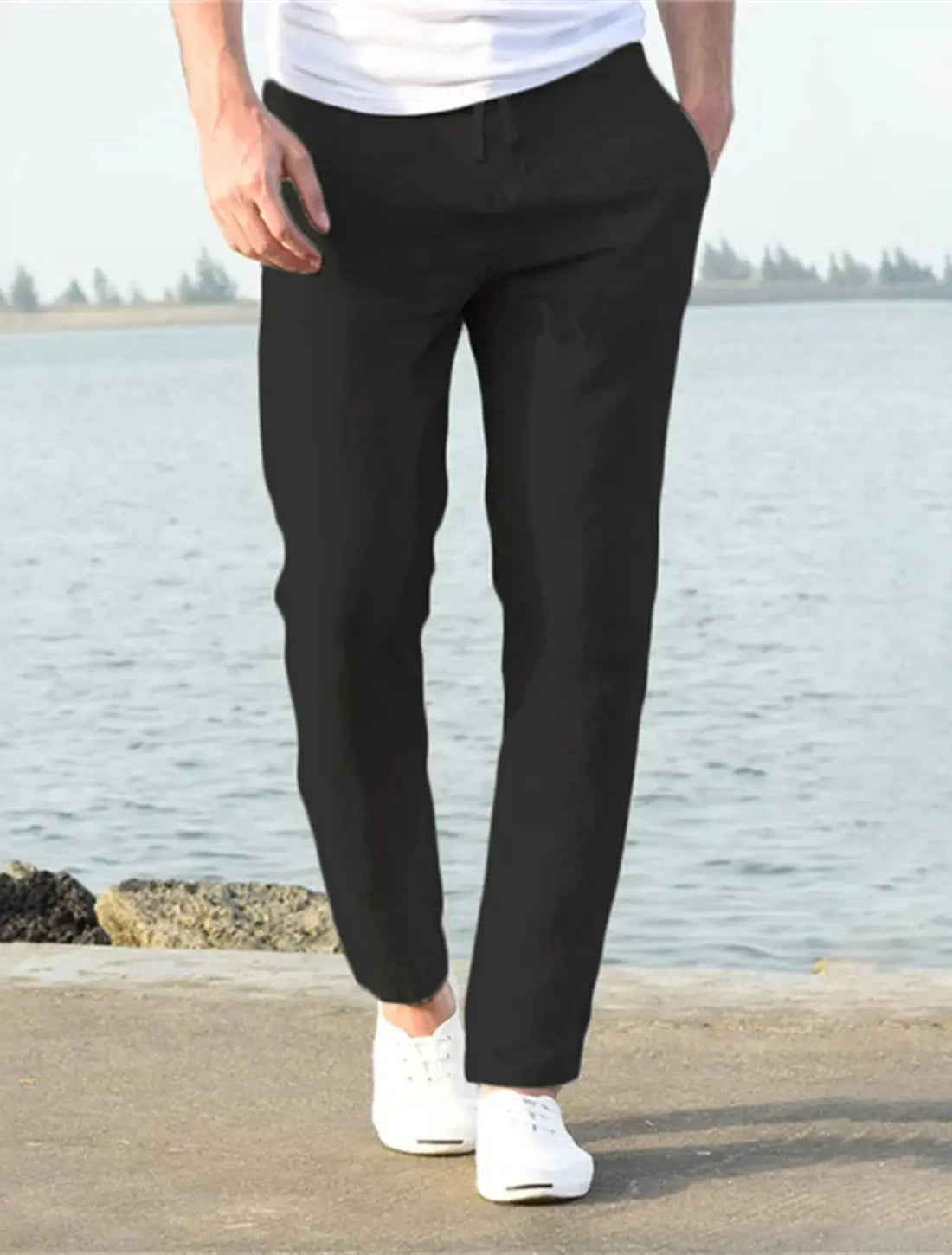 Heren Zomerbroek Katoen Linnen, Lichtgewicht Ademende Broek, Slank Fit Vrijetijdskleding | VIQA VIQA© NEDERLANDZwart-2XL