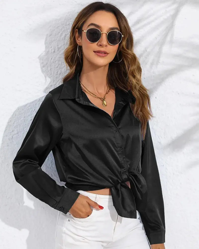 Dames Satijnen Luxe Blouse Shirt Met Lange Mouwen VIQA© NEDERLANDZwart-XXL