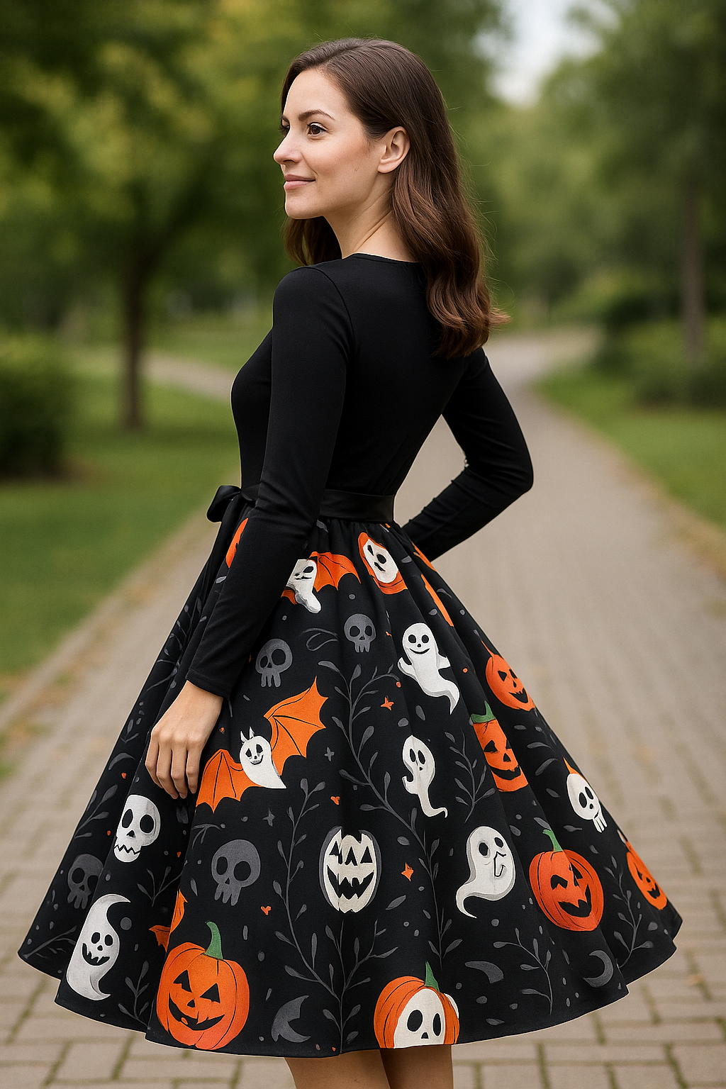 Dames Halloween Jurk, Lange Mouwen O-Hals Casual Zwarte Pompoen Print Feestjurk | VIQA VIQA© NEDERLAND