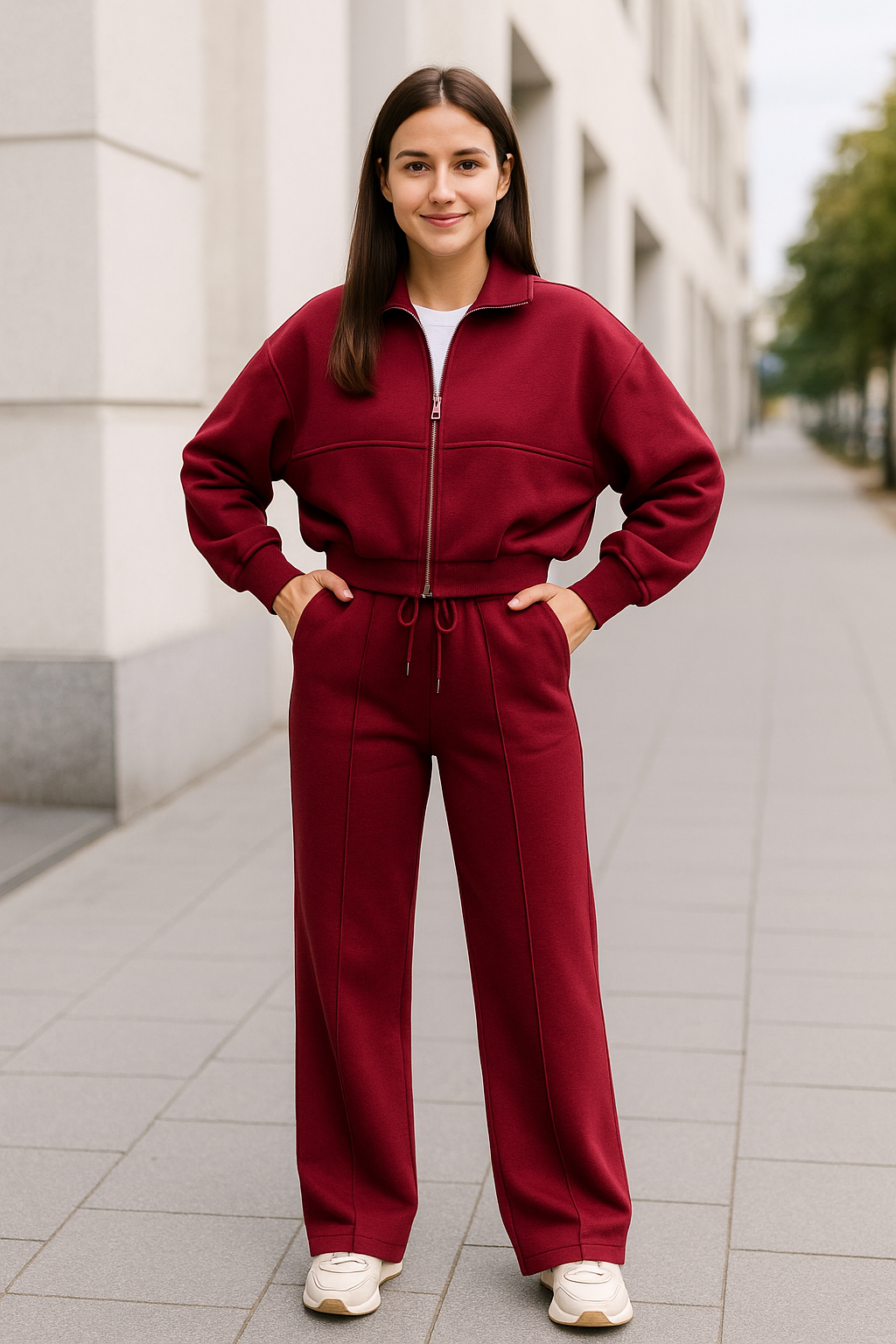 Tweedelige Rrainingspak Set Voor Dames, Sweatshirtjas Met Rits En Broek Met Wijde Pijpen En Trekkoord, Casual Sportkleding Outfit | VIQA VIQA© NEDERLAND