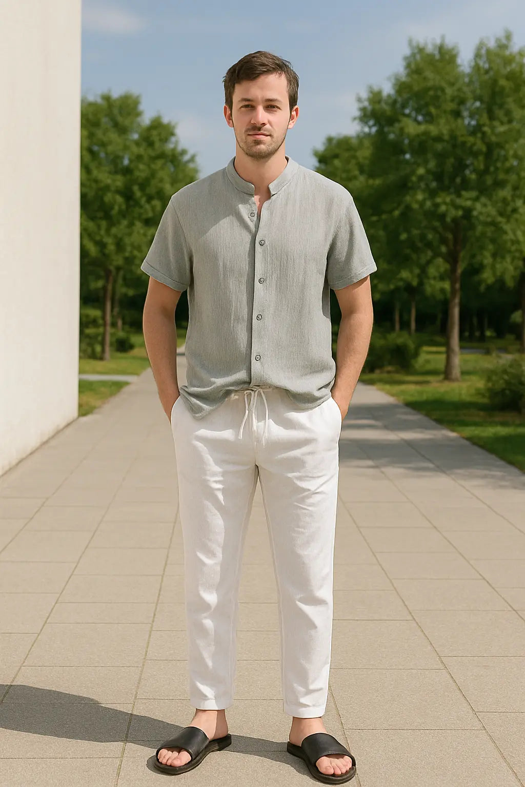 Heren Zomer Tweedelige Set, Katoen-Linnen Shirt Met V-hals En Lange Mouwen En Broek Met Trekkoord, Casual Outfit | VIQA VIQA© NEDERLAND