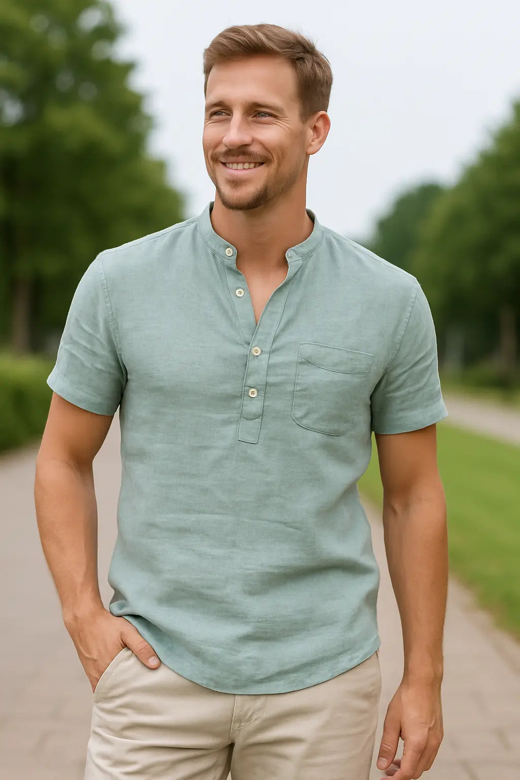 Heren Linnen Katoenen Henley Shirt, Korte Mouw Effen Kleur Strandkleding, Casual Street Style | VIQA VIQA© NEDERLAND