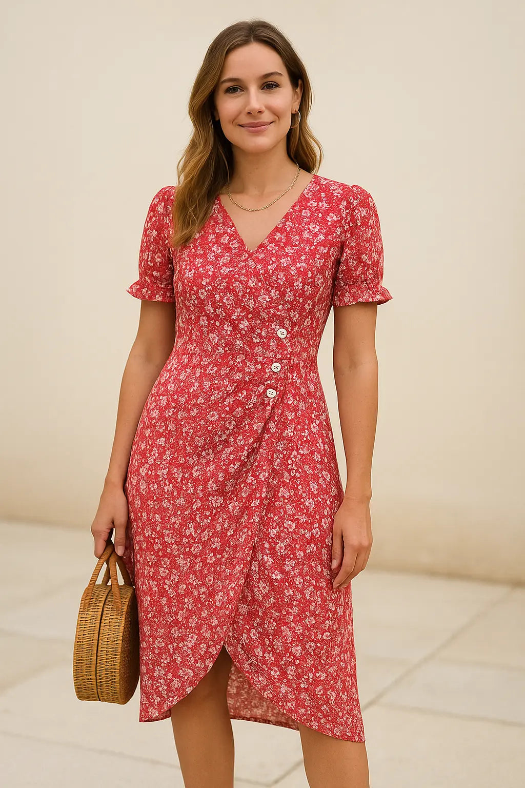 Dames Midi Jurk Met Bloemenprint, Elegante Zomerjurk Met V-Hals, Pofmouwen, Plooien En Knopen | VIQA VIQA© NEDERLAND