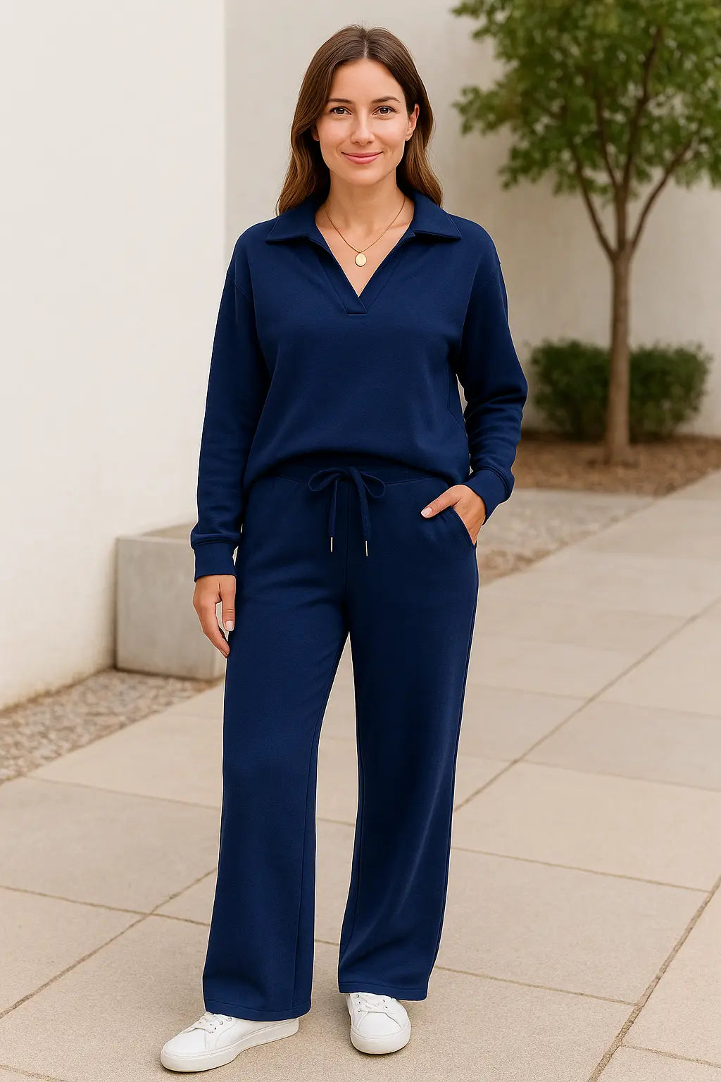 Tweedelige Set Voor Dames, Top Met V-Hals En Lange Mouwen, Elastische Tailleband Met Trekkoord En Wijde Broek Met Elastische Tailleband | VIQA VIQA© NEDERLAND