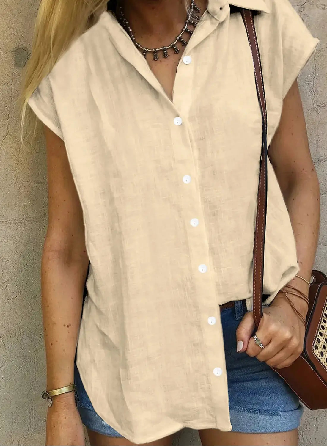 Dames Katoenen-Linnen Blouse Met Korte Mouwen VIQA© NEDERLANDAbrikoos-2XL