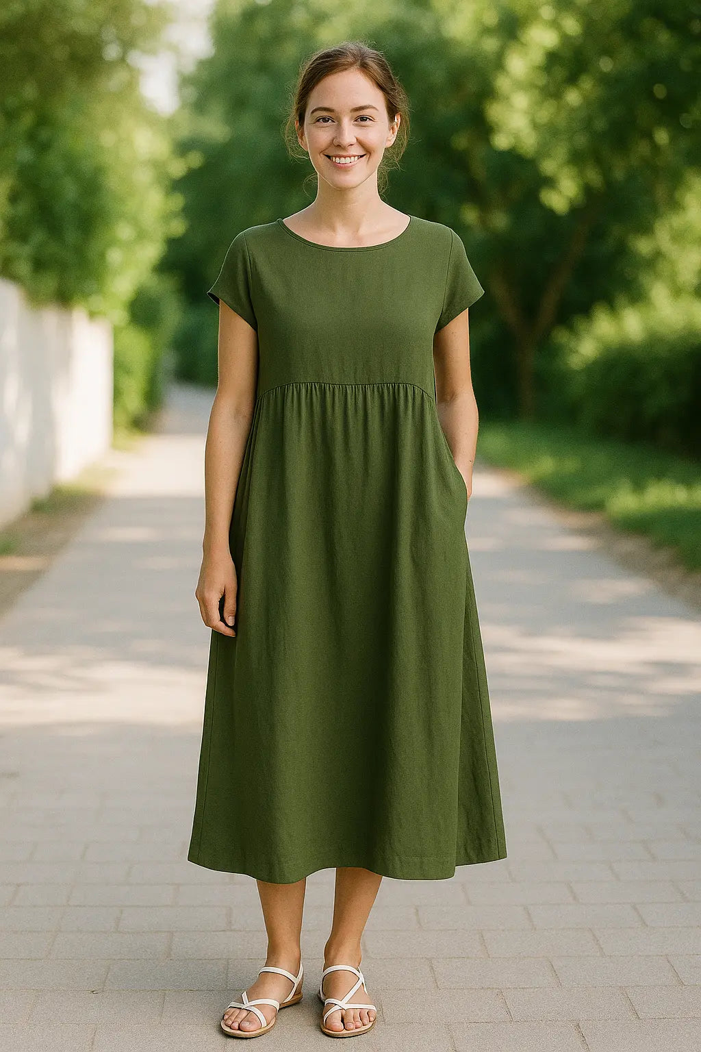 Dames Midi Jurk, Elegante Effen Kleur Met Korte Mouwen, O-Hals En Zakken | VIQA VIQA© NEDERLAND