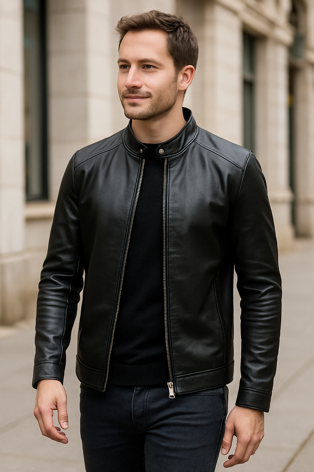 Slim Pasvorm Leren Jas Voor Heren, Motorjas Met Opstaande Kraag, Herfst En Winter Casual Mode | VIQA VIQA© NEDERLAND