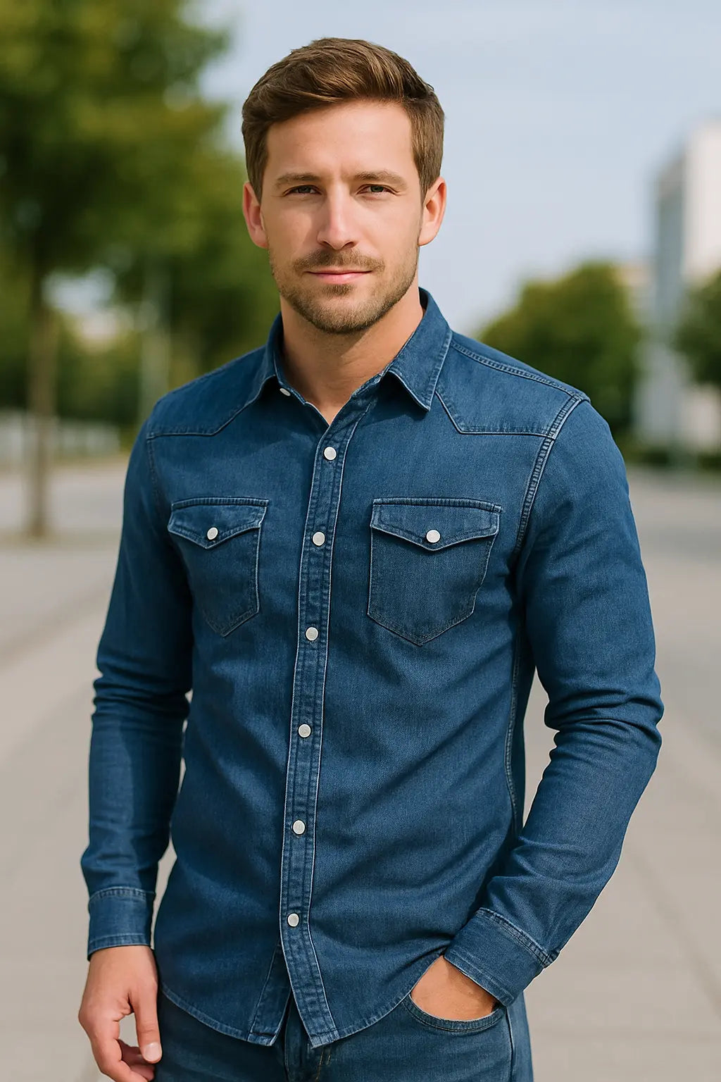 Heren Denim Shirt, Vintage Slim Fit Lange Mouwen Knoop Omhoog, Casual Kapel Top | VIQA VIQA© NEDERLAND