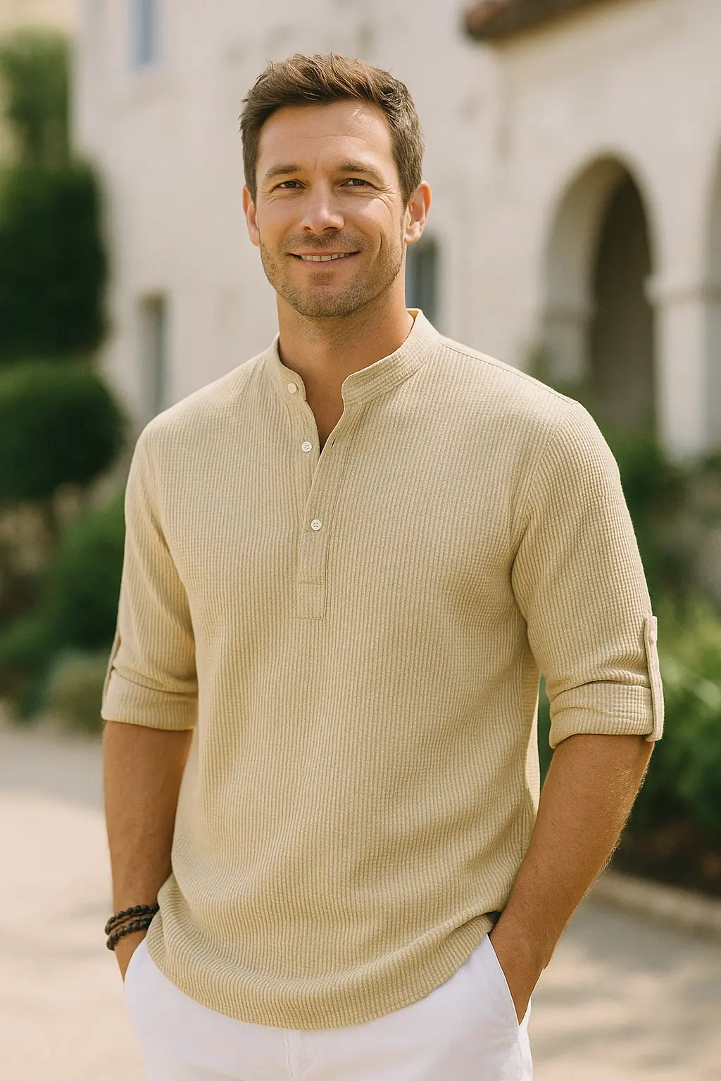 Heren Katoenen Linnen Overhemd, Lange Mouwen Effen Kleur Casual Strand Top Met Staande Kraag | VIQA VIQA© NEDERLAND