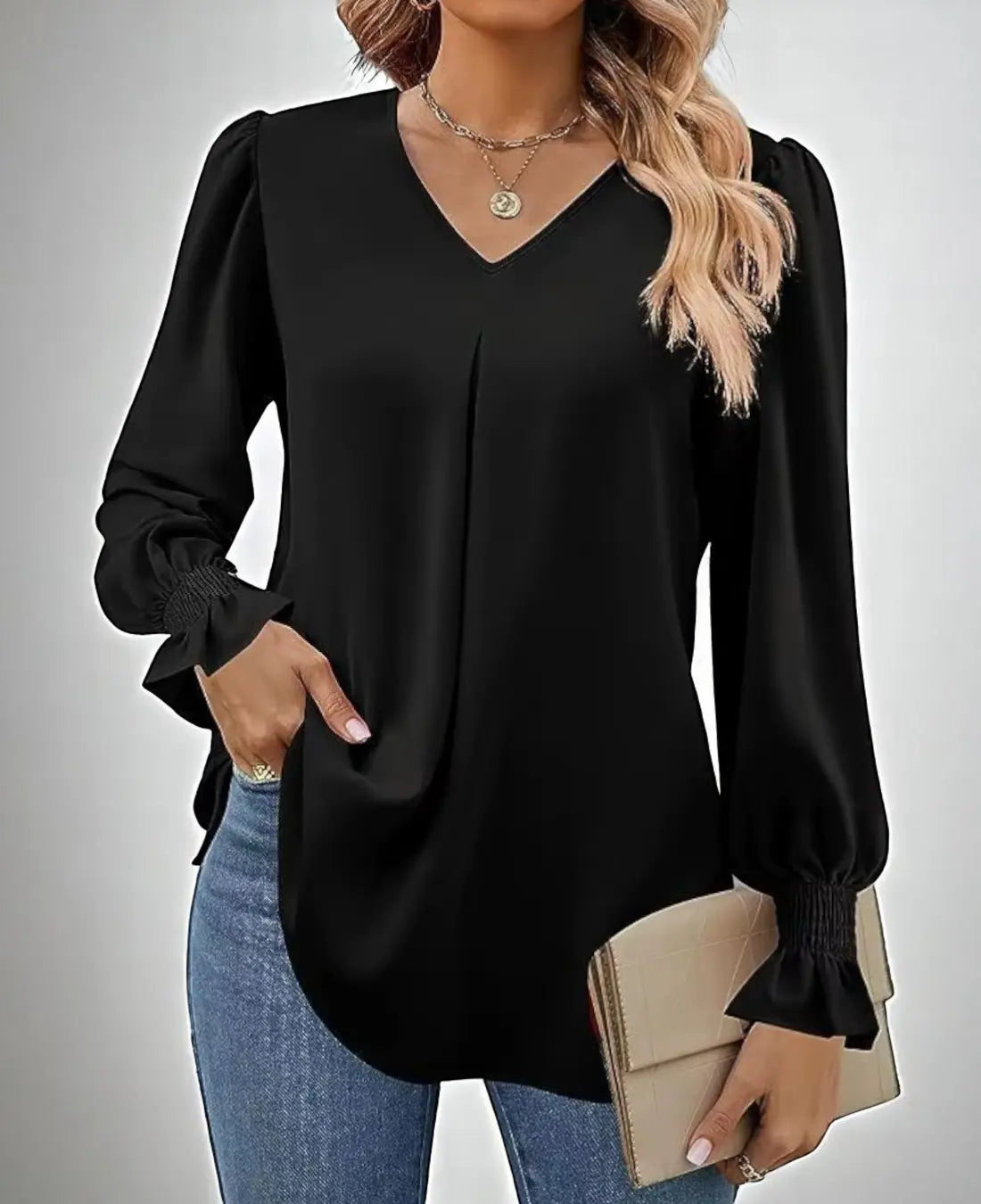 Kristina Dames Zomer V-Hals Blouse Met Lange Mouwen VIQA© NEDERLANDZwart-2XL