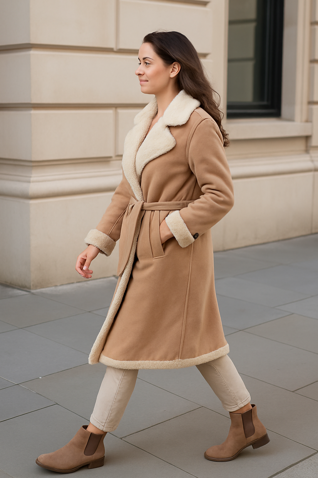 Dames Kunstleren Wollen Jas, Halflange Jas Met Riem En Omgeslagen Kraag, Warme Winteroverjas | VIQA VIQA© NEDERLAND