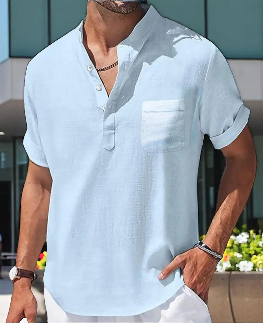 Heren Zomer Linnen Shirt, Casual Korte Mouwen, Ademende Staande Kraag Top Met Zak | VIQA VIQA© NEDERLANDBlauw-2XL