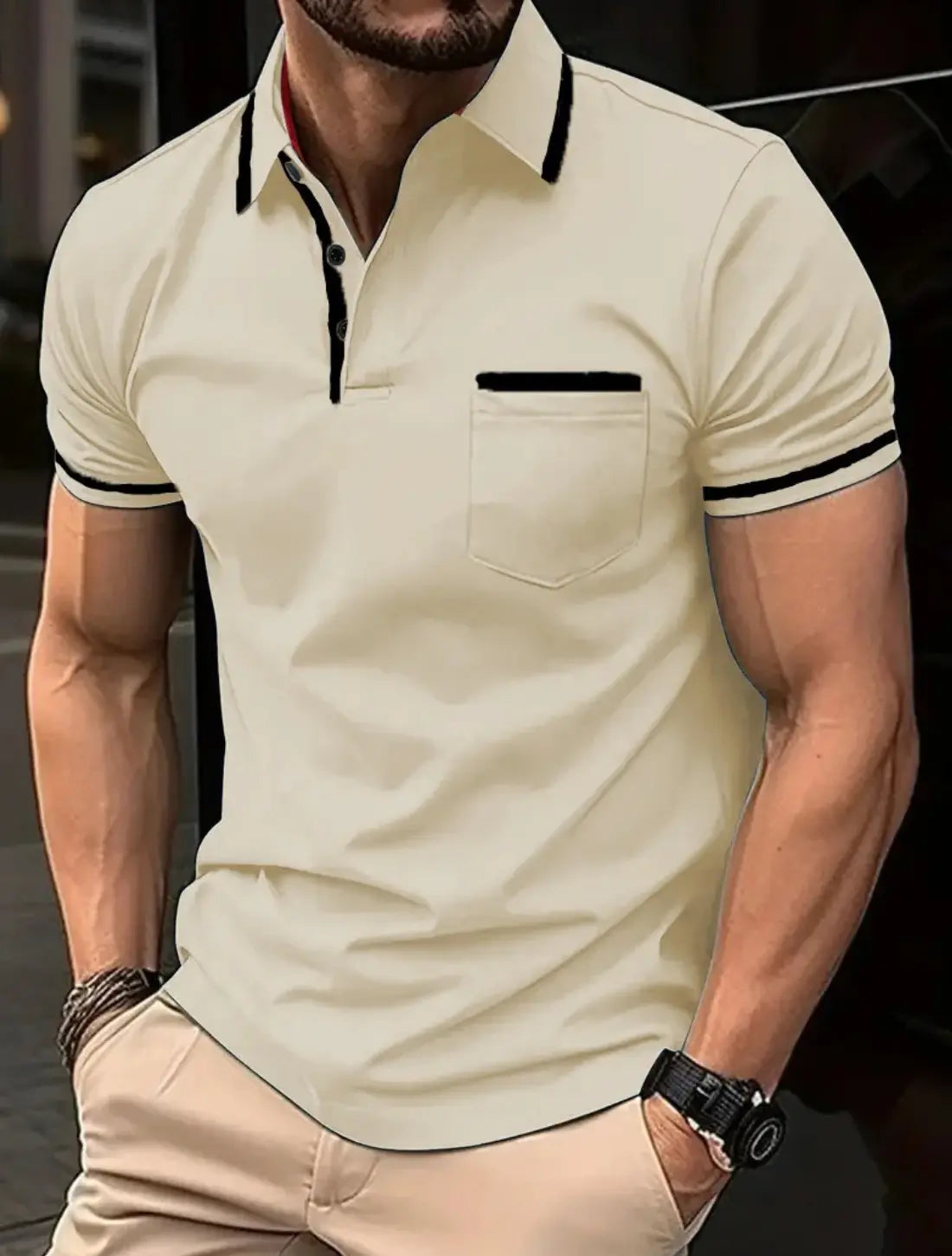 Heren Elegant Polo Shirt Met Zakken En Korte Mouwen VIQA© NEDERLANDBeige-2XL