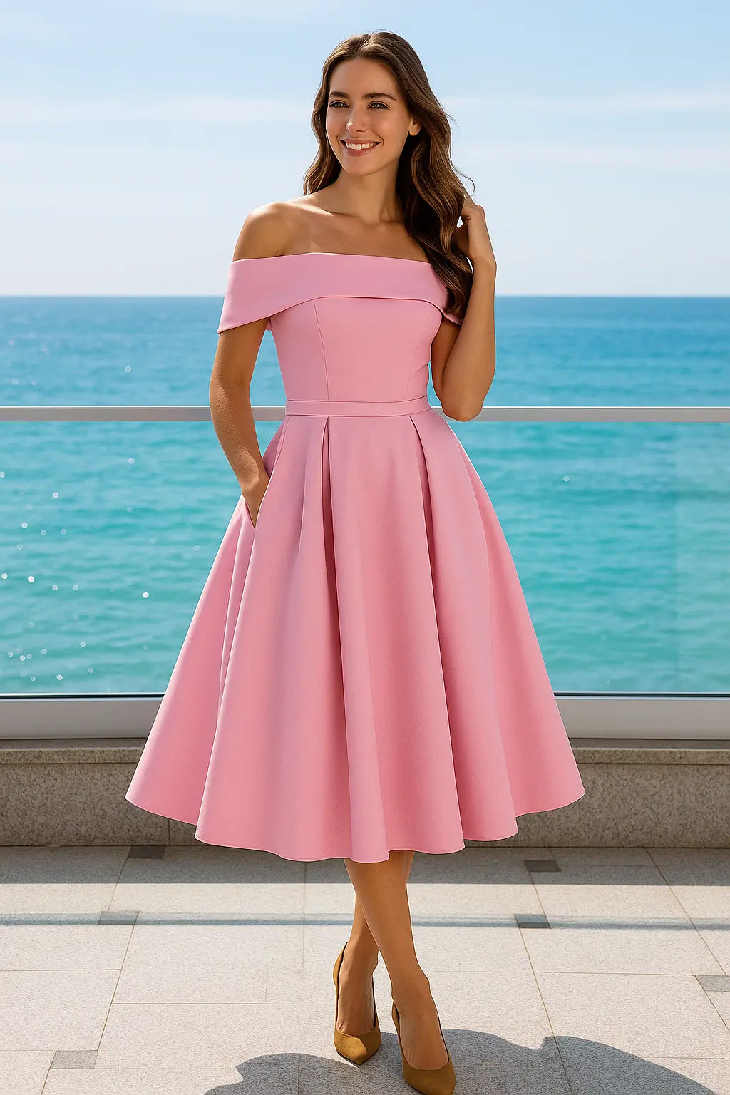 Dames Off-Shouder Satijn Gala Jurk, Maxi Jurk Met Zakken En Kant Op De Rug | VIQA VIQA© NEDERLAND