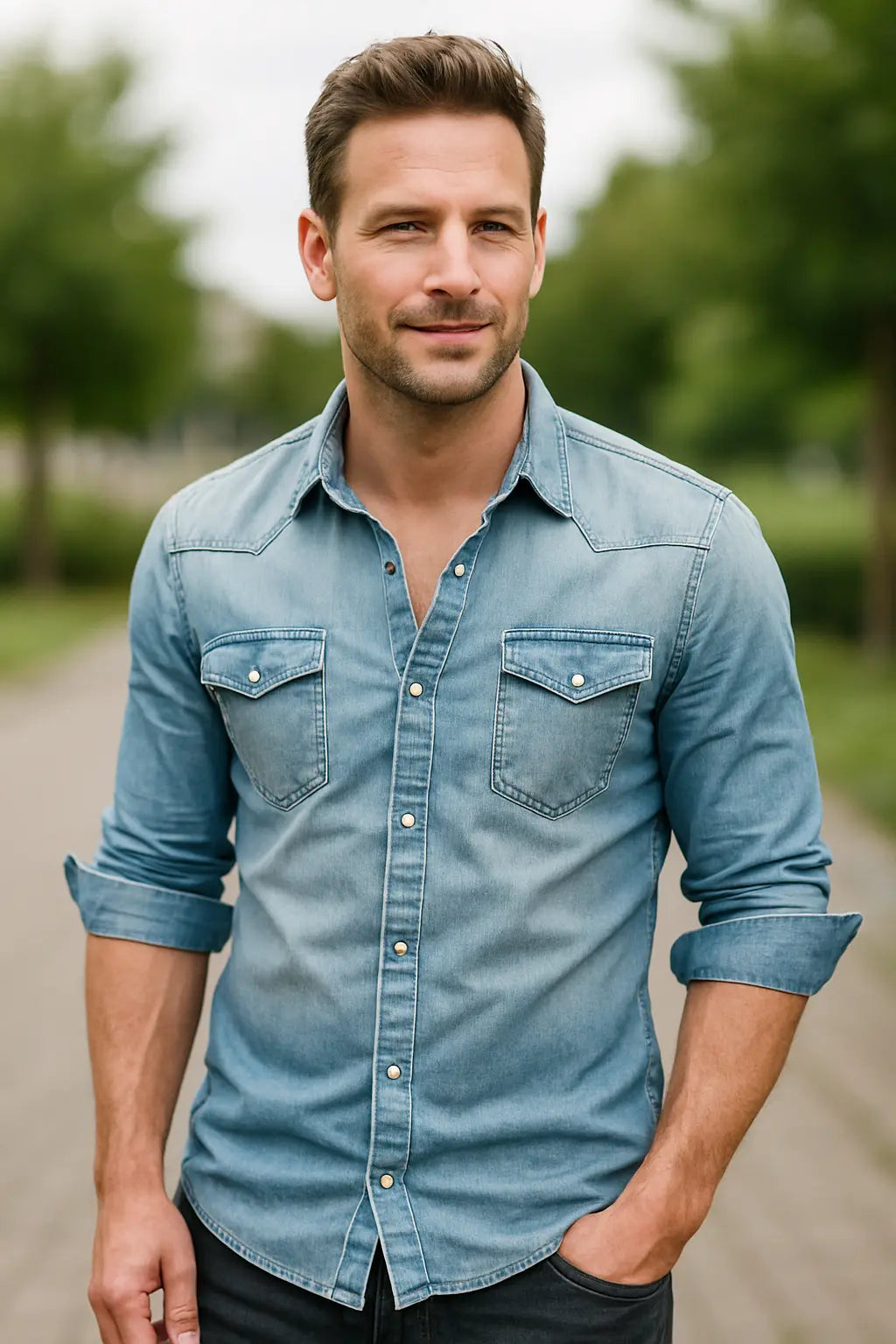 Heren Denim Shirt, Slim Fit Lange Mouw Top, Vrijetijdskleding Met Zakken | VIQA VIQA© NEDERLANDLichtblauw / 2XL