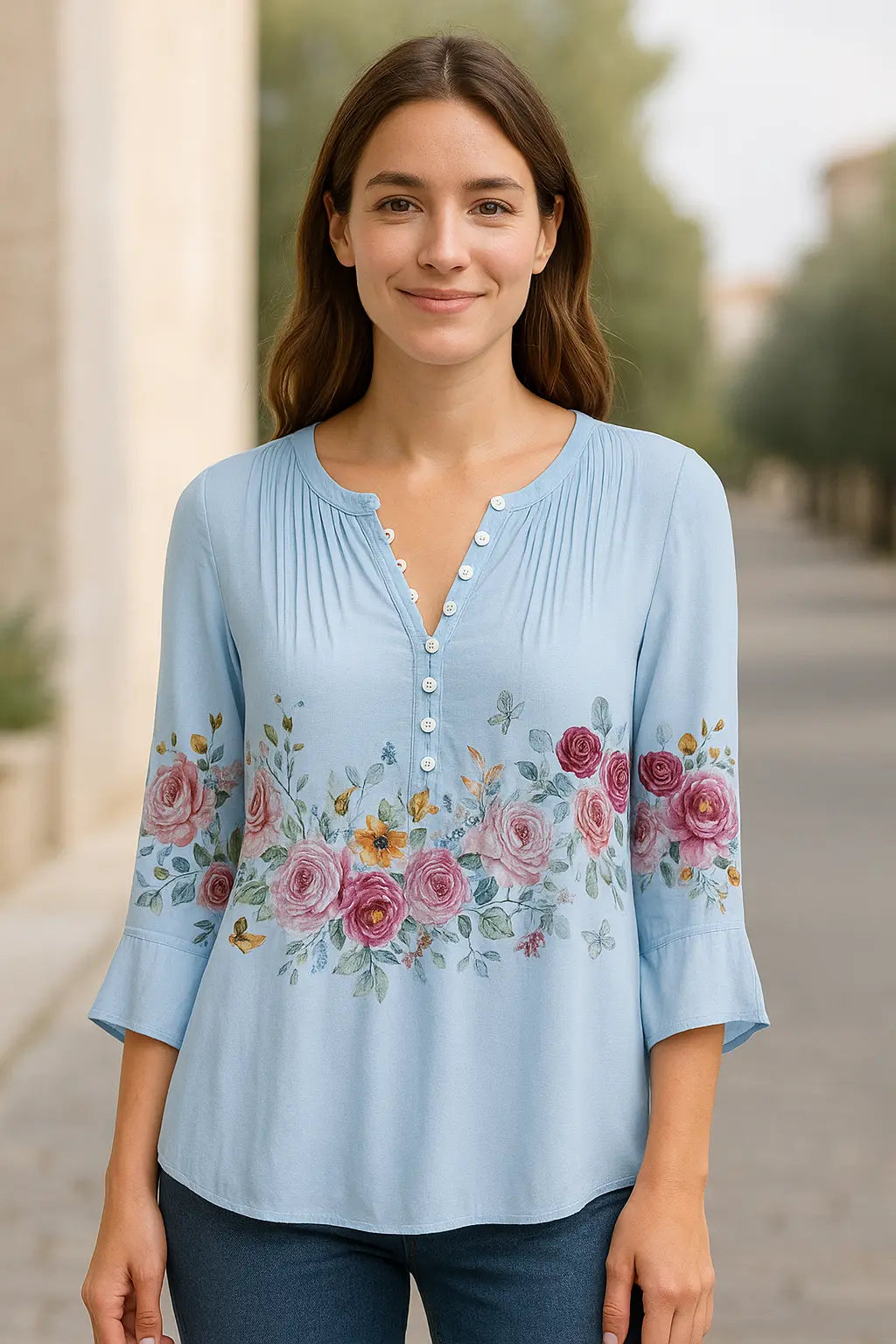 Dames Bloemen V-Hals Blouse, Korte Mouw Knoopdetail Zomer T-Shirt | VIQA VIQA© NEDERLAND