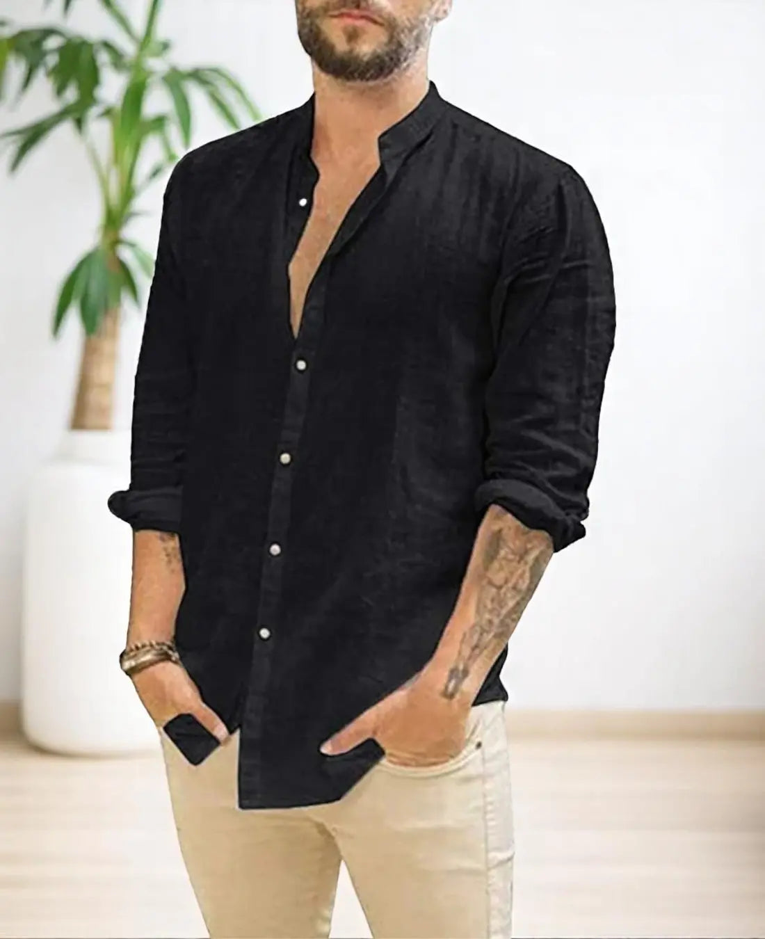 Casual Heren Katoen Overhemd Met Lange Mouwen VIQA© NEDERLANDZwart-2XL