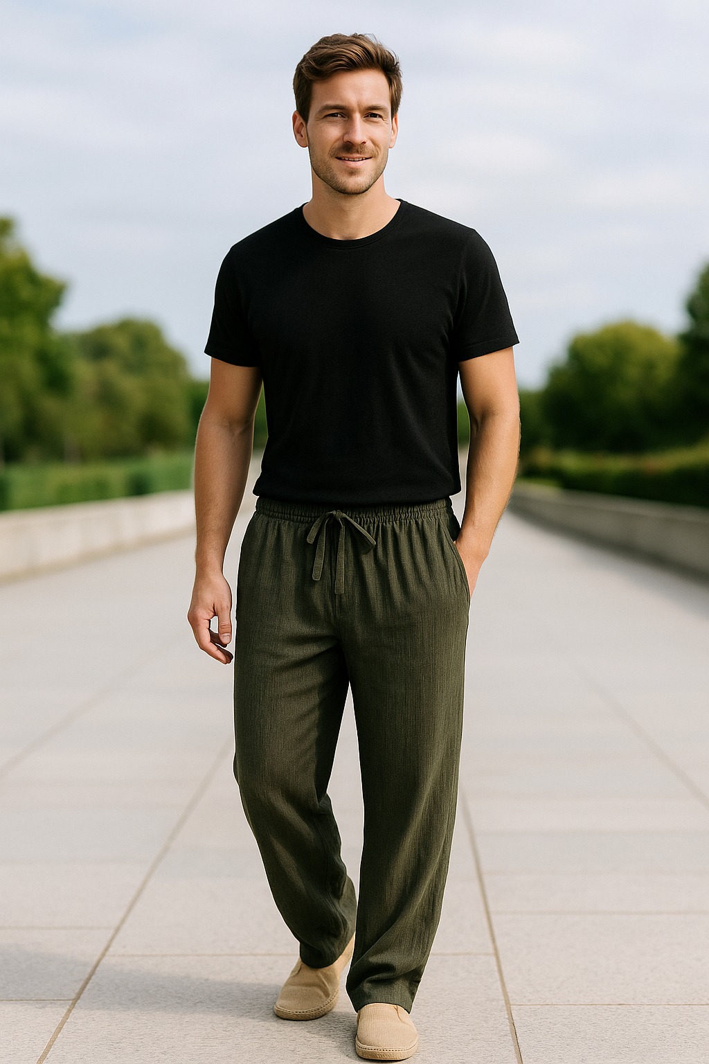 Herenbroek Van Katoen En Linnen, Effen Minimalistische Casual Broek Met Trekkoord En Rechte Pijpen | VIQA VIQA© NEDERLAND