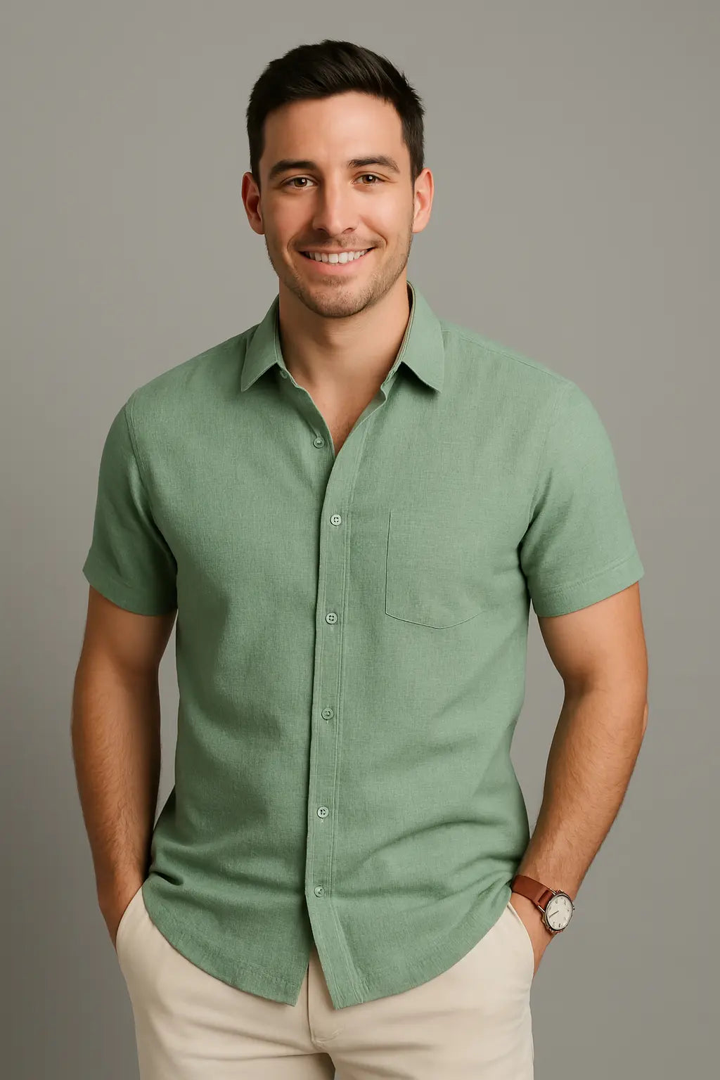 Nico Heren Zomer Ademend Linnen Overhemd Met Knoopsluiting VIQA© NEDERLANDGroen-2XL