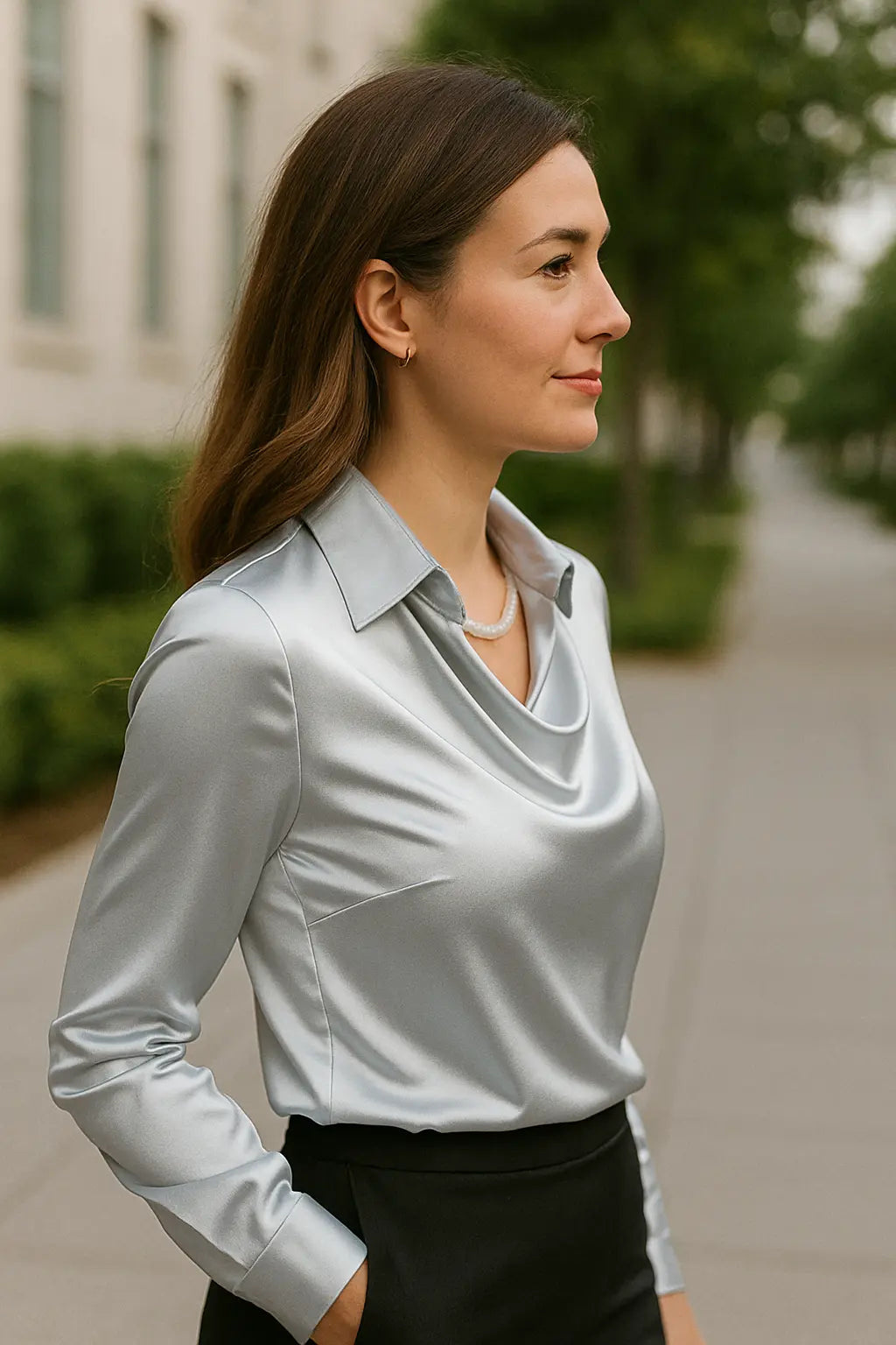 Dames Satijn Lange Mouw Shirt, Los Fit Kapsel Kraag Blouse, Effen Kleur Elegante Dagelijkse Top | VIQA VIQA© NEDERLAND