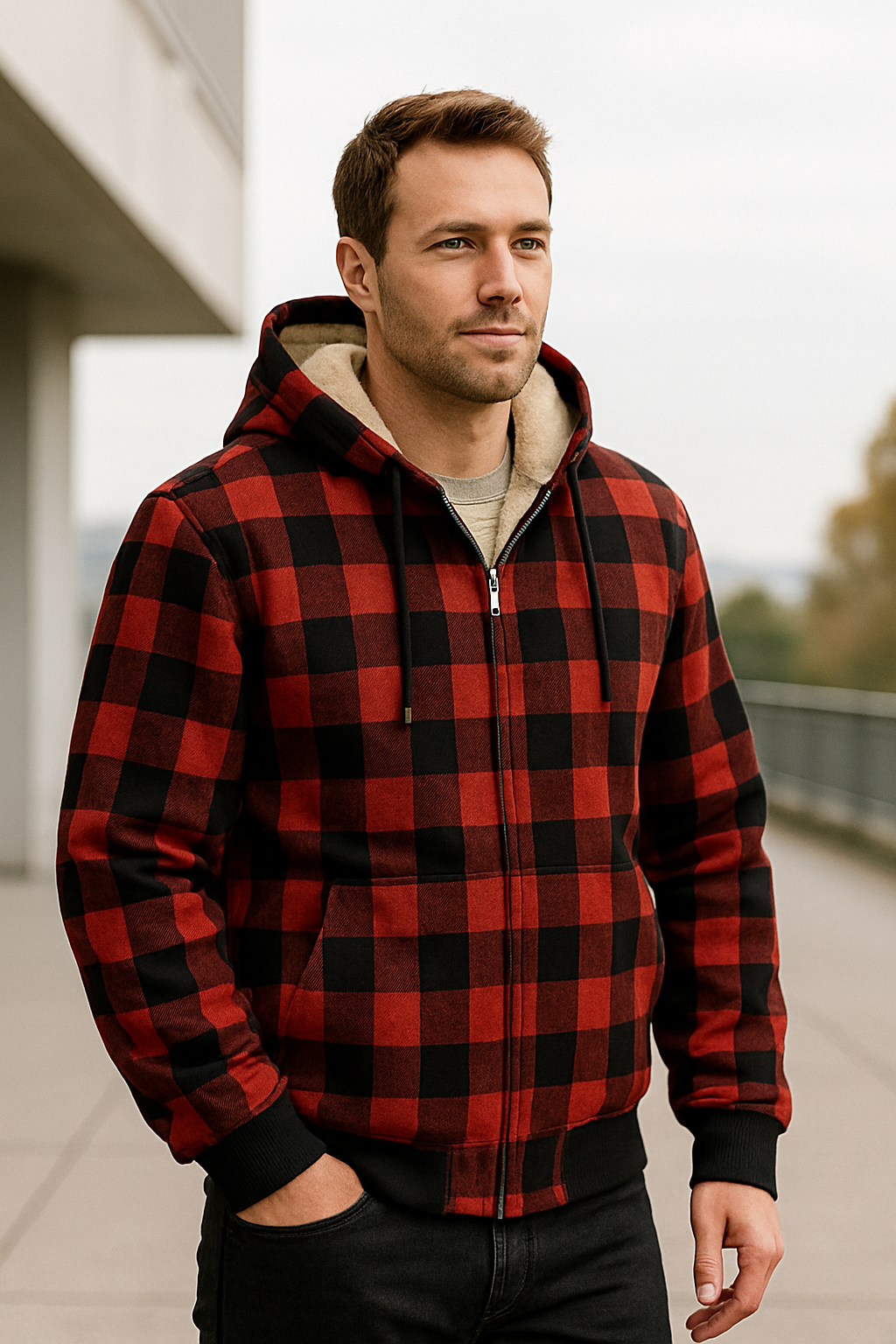 Herenvest met capuchon van lamswol, geruit fleece Zip-Up winters warm jack bovenkleding VIQA VIQA© NEDERLAND