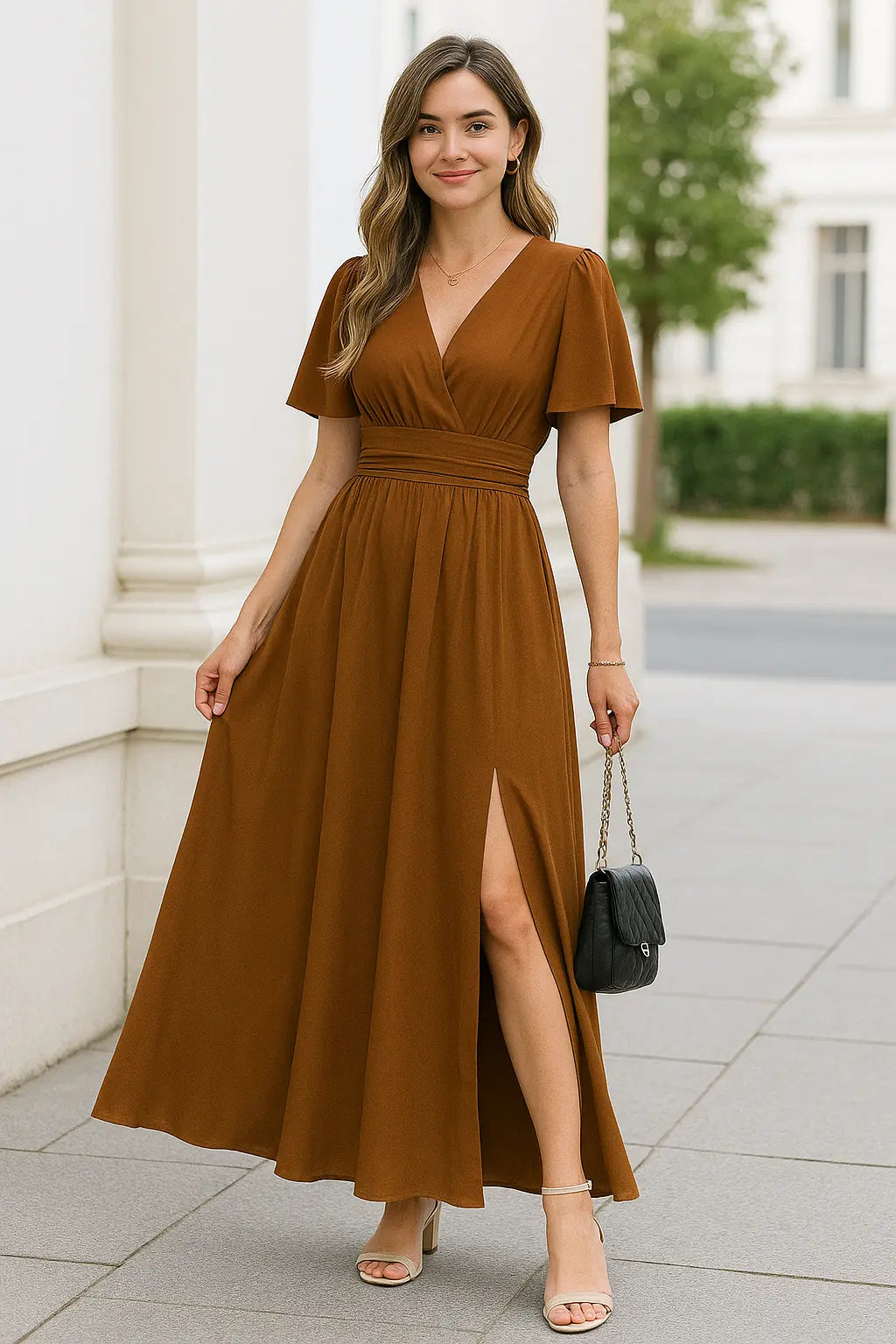 Dames Elegante V-hals Maxi Jurk, Zomer Korte Mouwen Hoge Taille Slank Fit Casual Jurk| VIQA VIQA© NEDERLAND