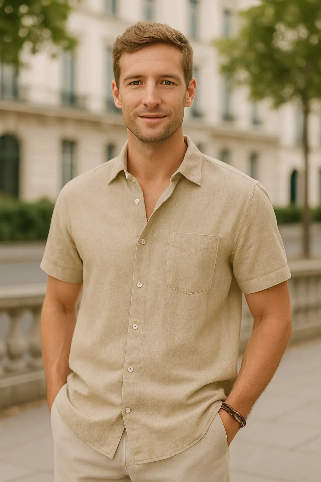 Heren Katoenen Linnen Shirt Met Korte Mouwen, Zomerse Casual Strandkleding, Effen Kleur Gedraaide Kraag | VIQA VIQA© NEDERLAND