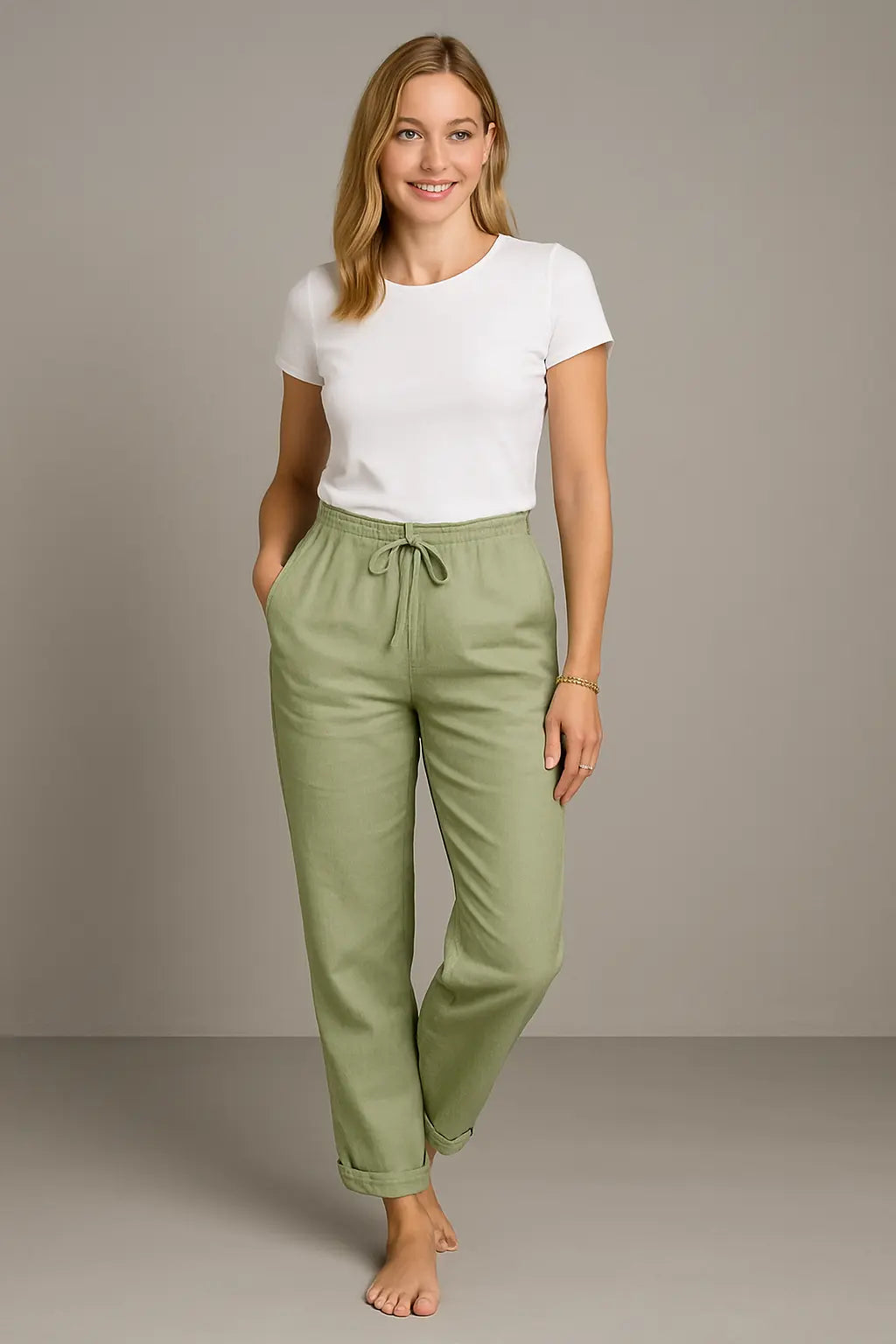 Eva Dames Zomer Linnen Ademend Comfort Broek VIQA© NEDERLANDGroen-2XL