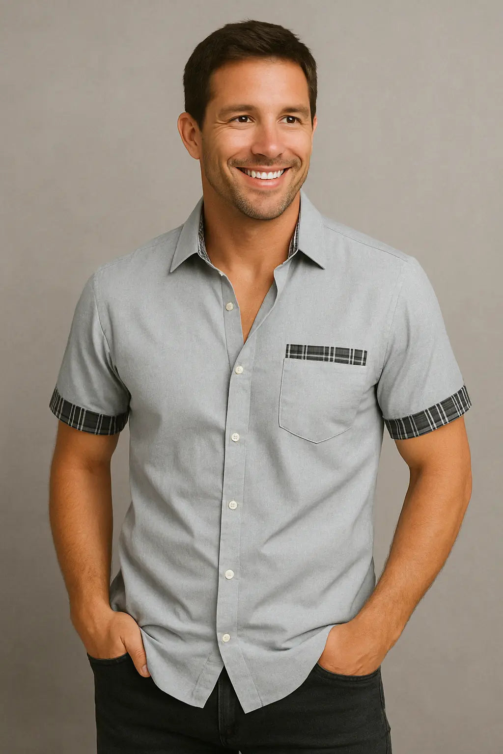 Dylan Heren Katoen Casual Overhemd Met Korte Mouwen VIQA© NEDERLANDGrijs-2XL