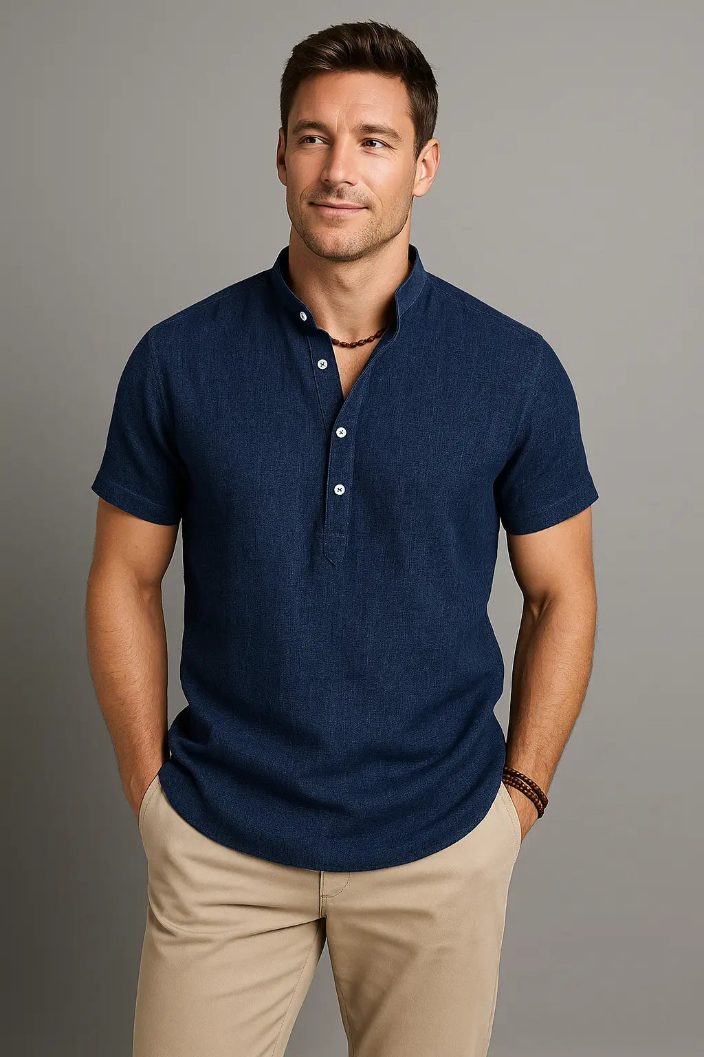 Roy Heren Ademend Zomer Linnen Vakantie T-Shirt Met Knoopsluiting VIQA© NEDERLANDDonkerblauw-2XL