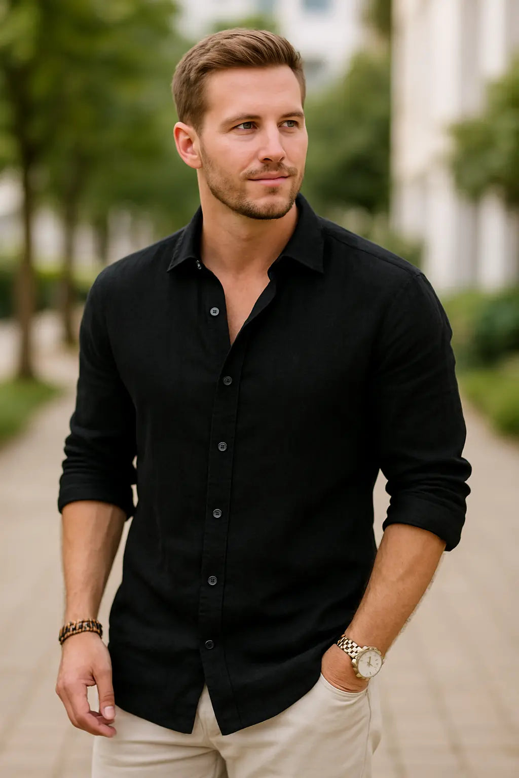 Herenkatoenen Linnen Overhemd, Lange Mouwen, Effen Kleur, Casual Stijl | VIQA VIQA© NEDERLAND