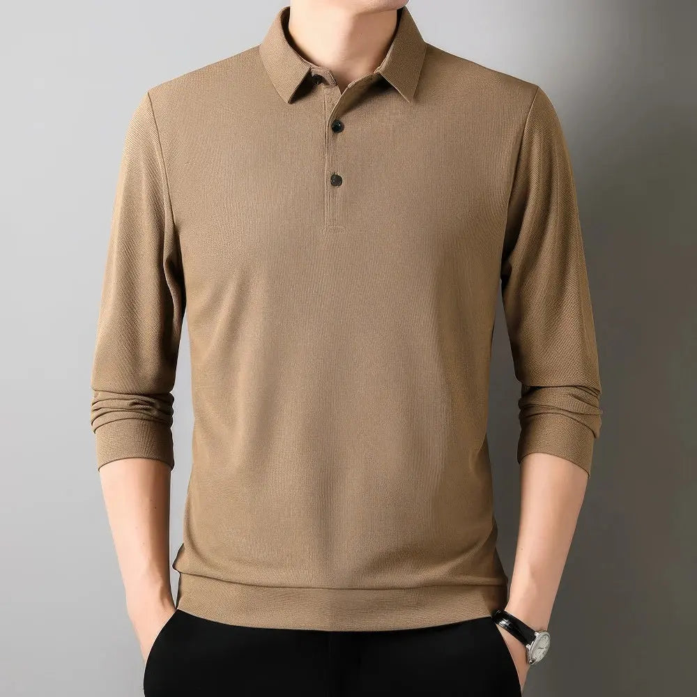 Herenpolo Effen Comfortabele Polo Met Lange Mouwen VIQA© NEDERLANDBeige-4XL