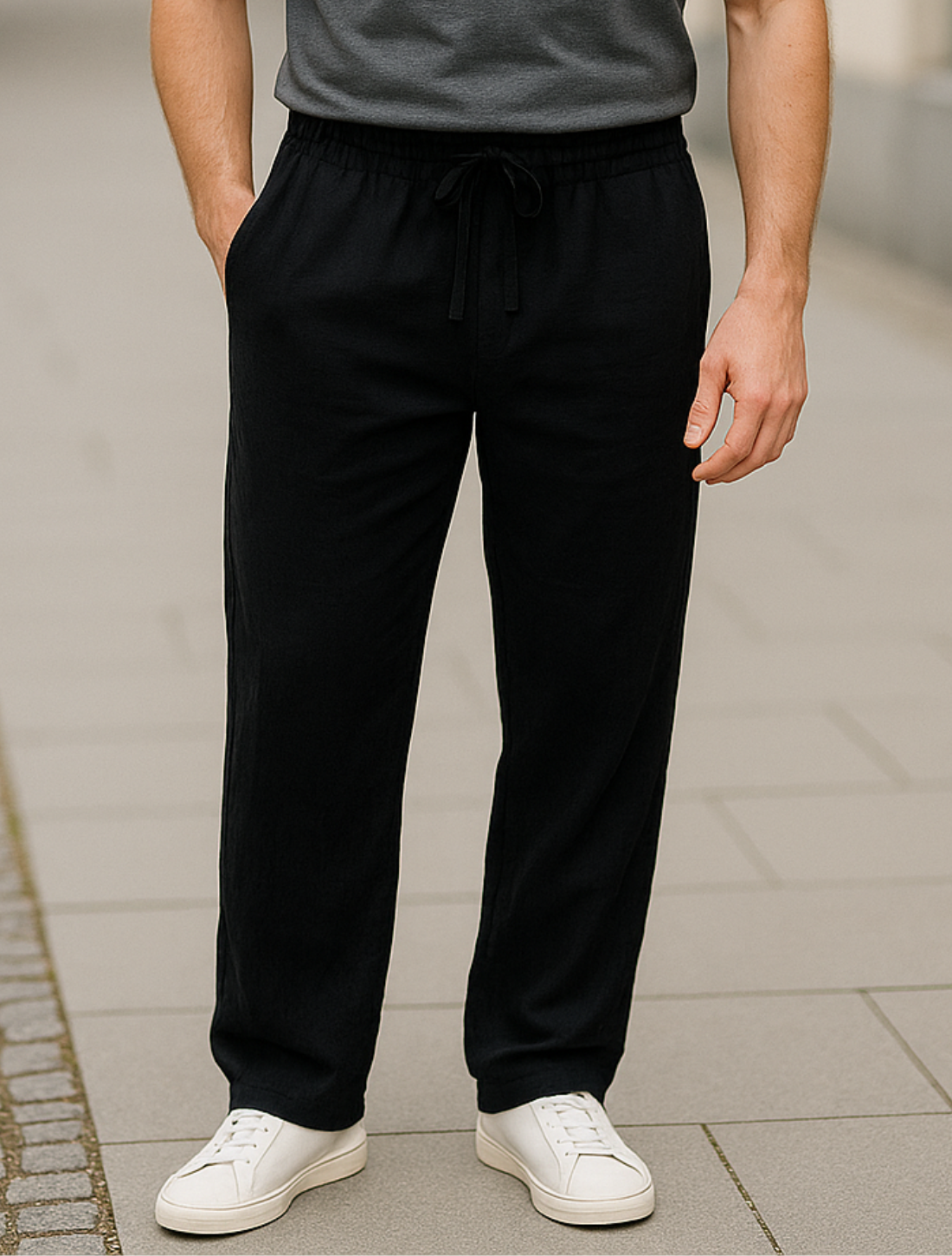 Herenbroek Van Katoen En Linnen, Effen Minimalistische Casual Broek Met Trekkoord En Rechte Pijpen | VIQA VIQA© NEDERLAND