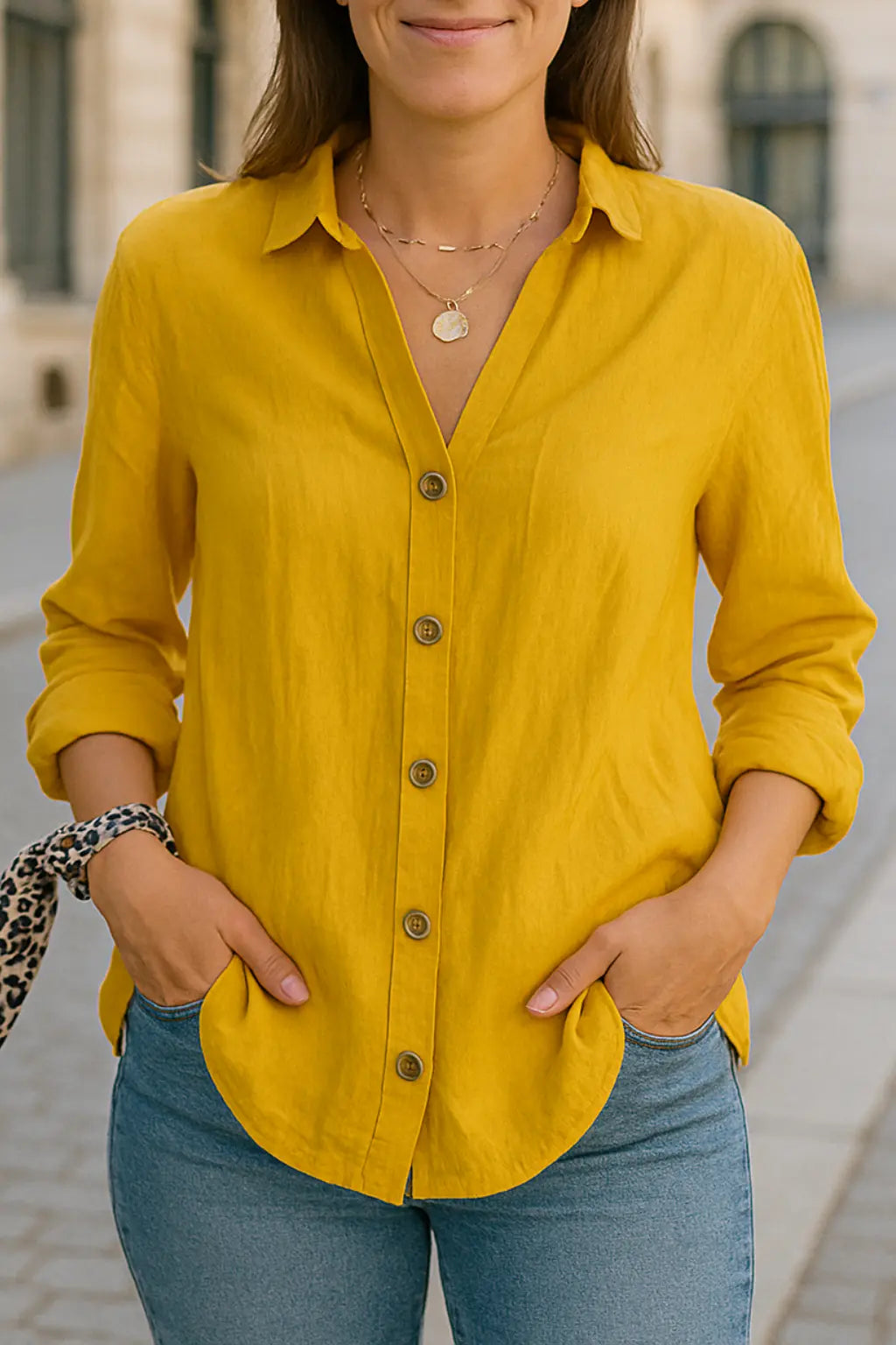 Dames Knoop Down Blouse, Lange Mouw Geplooid Shirt Met Zakken, Zomer Casual Top | VIQA VIQA© NEDERLANDGeel / 2XL